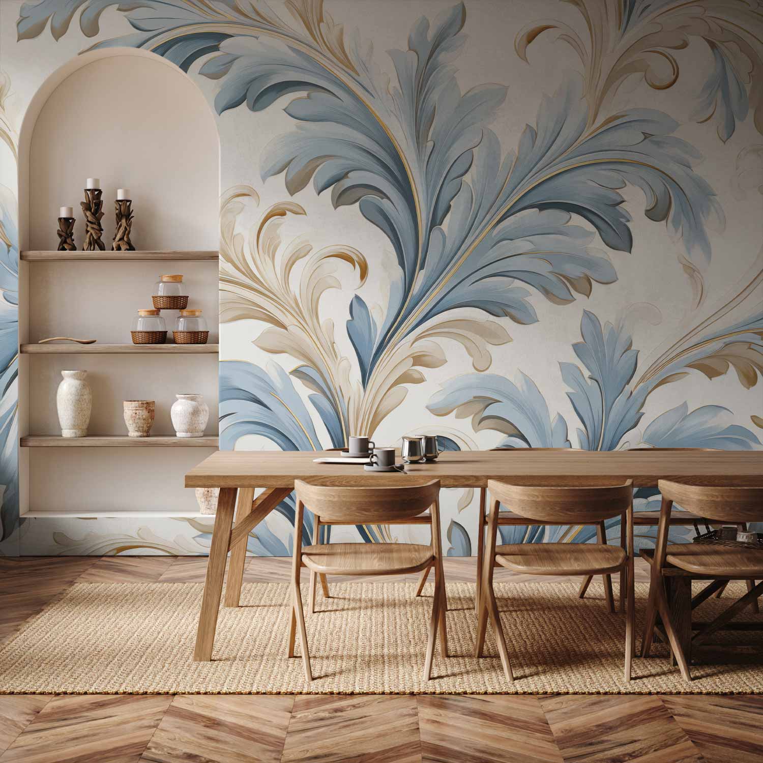 Wall Mural Baroque Ornaments in Light Cream-Blue Hues