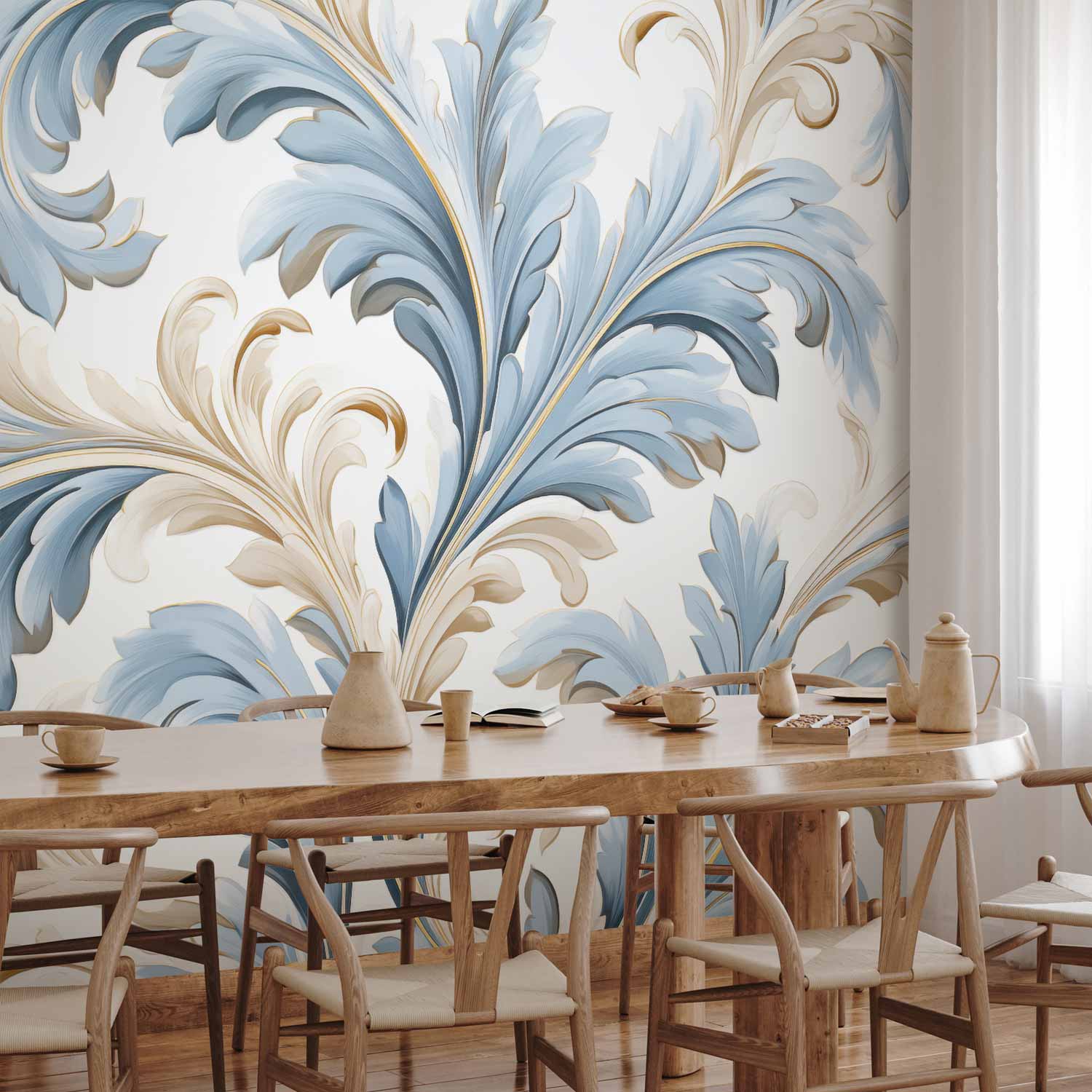 Baroque Ornament Light Cream-Blue Wall Mural