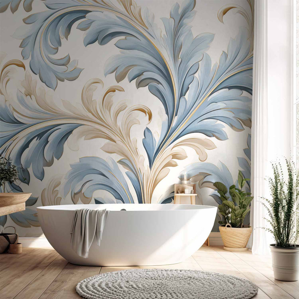 Baroque Ornament Light Cream-Blue Wall Mural