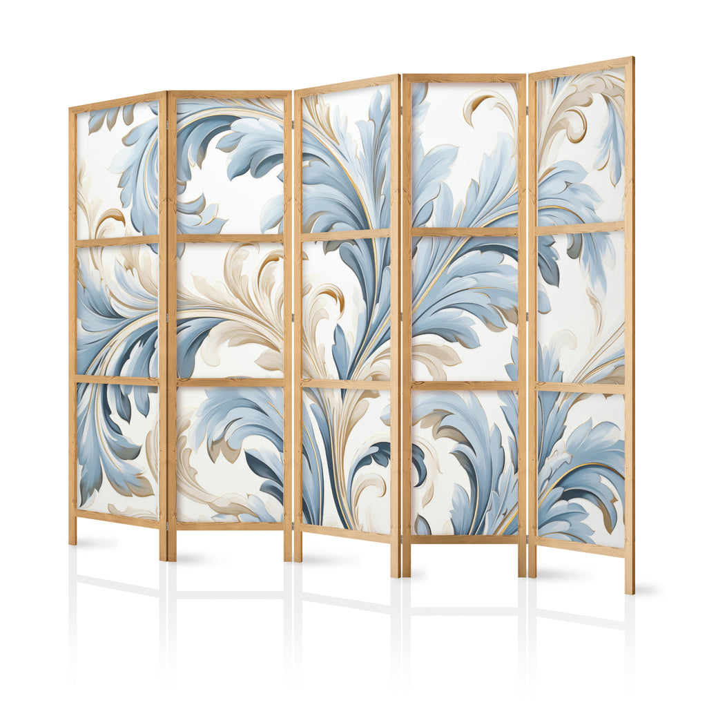 Japanese Room Divider with Baroque Ornaments in Light Cream-Blue