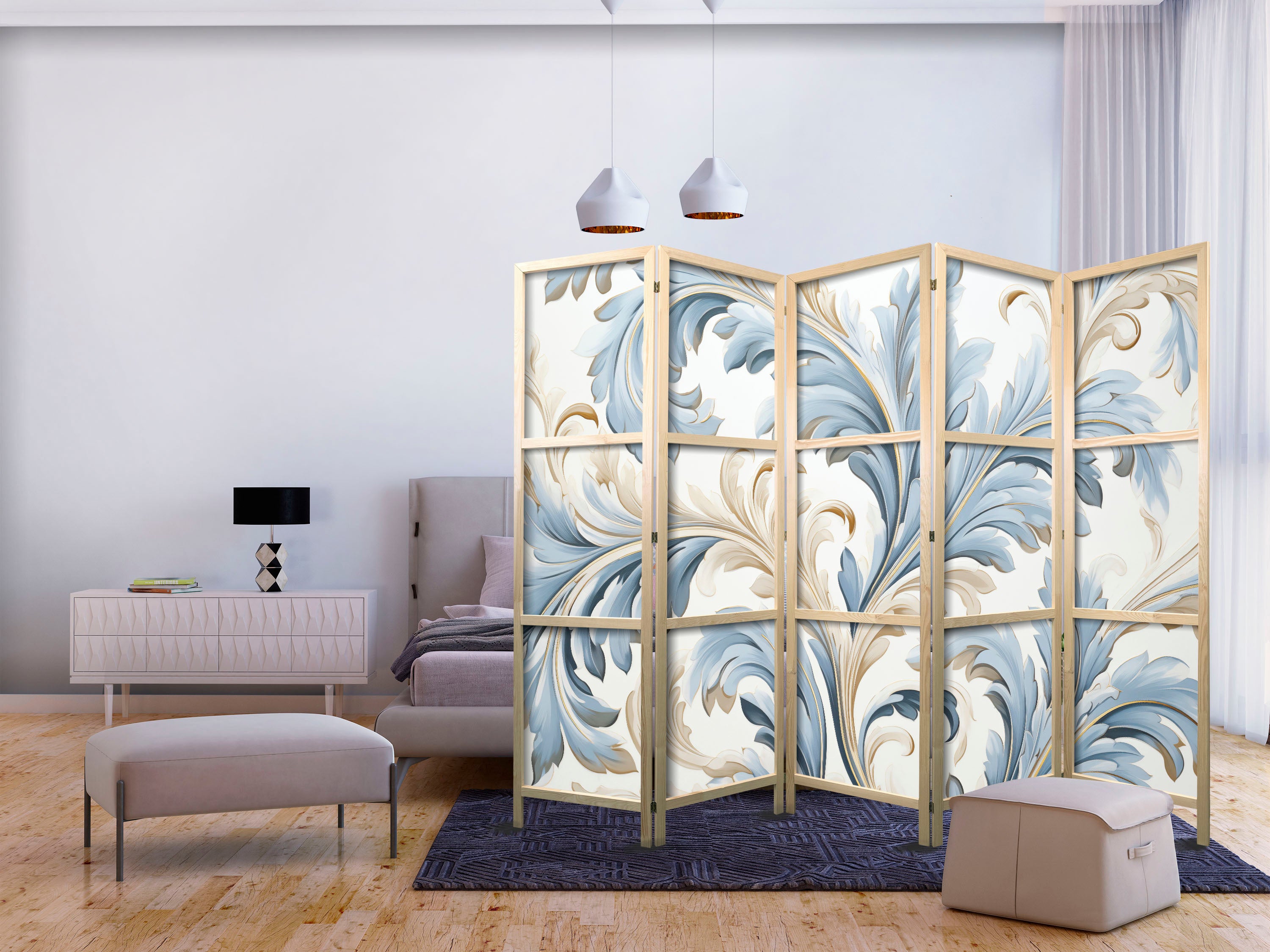 Japanese Room Divider with Baroque Ornaments in Light Cream-Blue