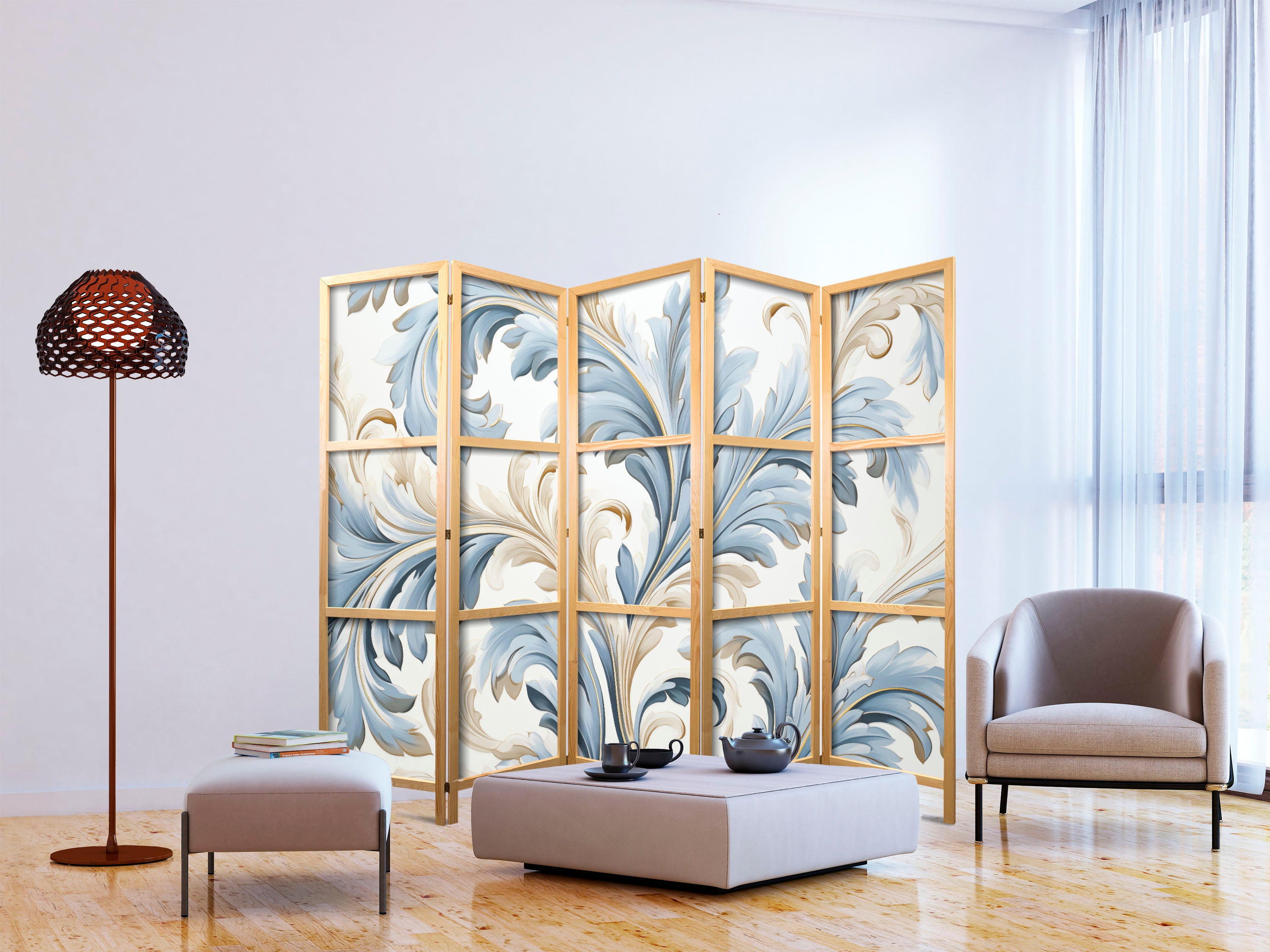 Japanese Room Divider with Baroque Ornaments in Light Cream-Blue