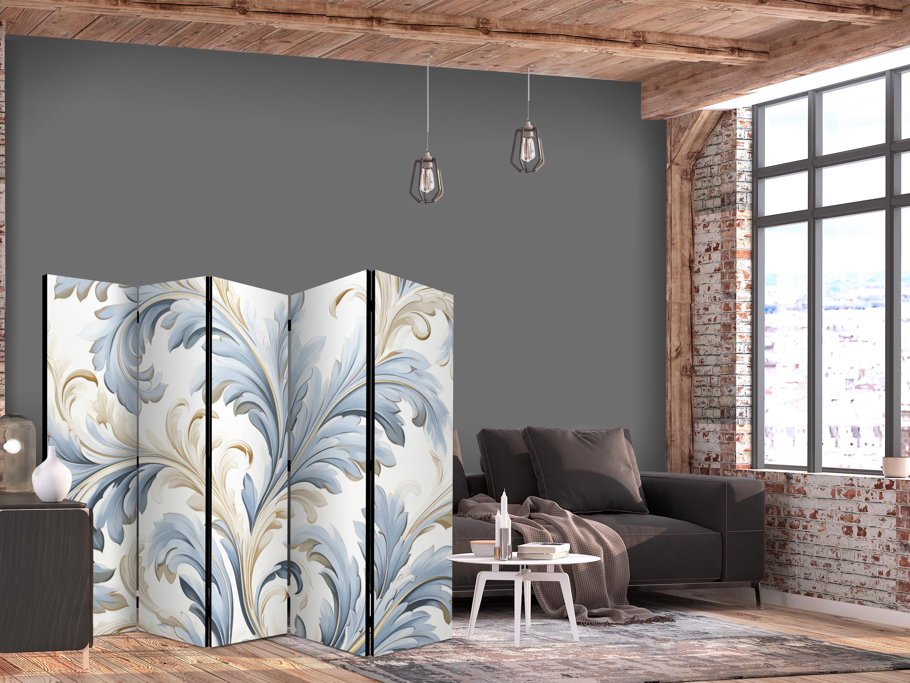 Room Divider Baroque Ornaments in Light Creamy Blue Colors