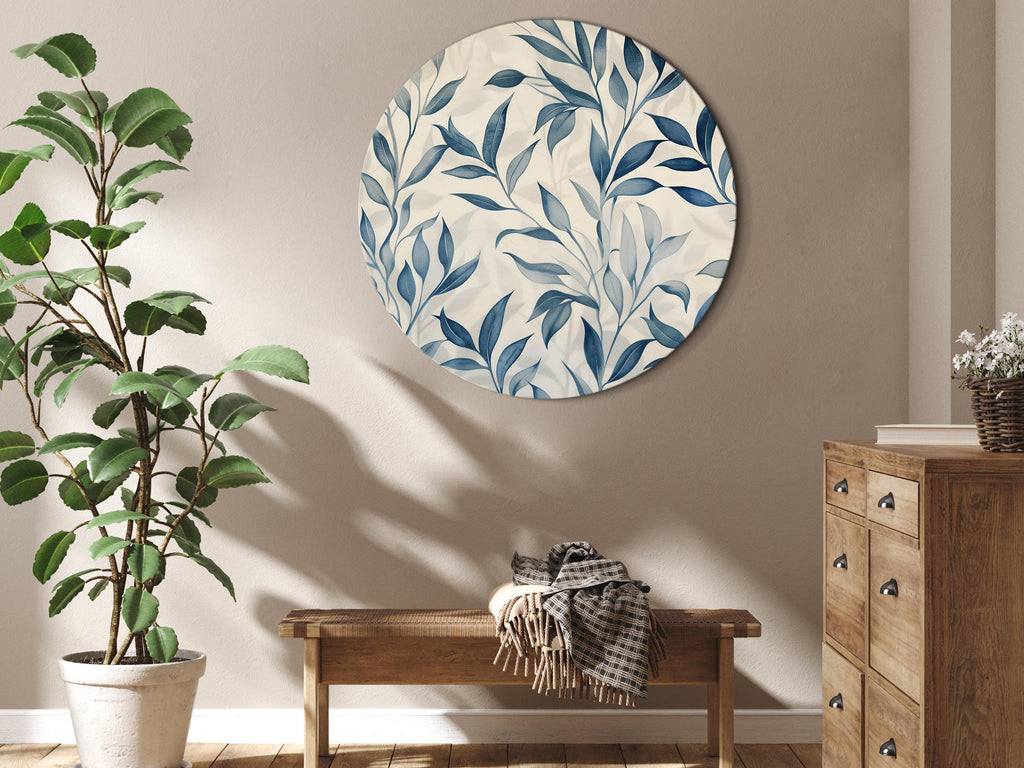 Round Canvas Print Leaves in Blue Colors Delicate Botanical Motif