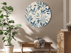 Round Canvas Print Leaves in Blue Colors Delicate Botanical Motif
