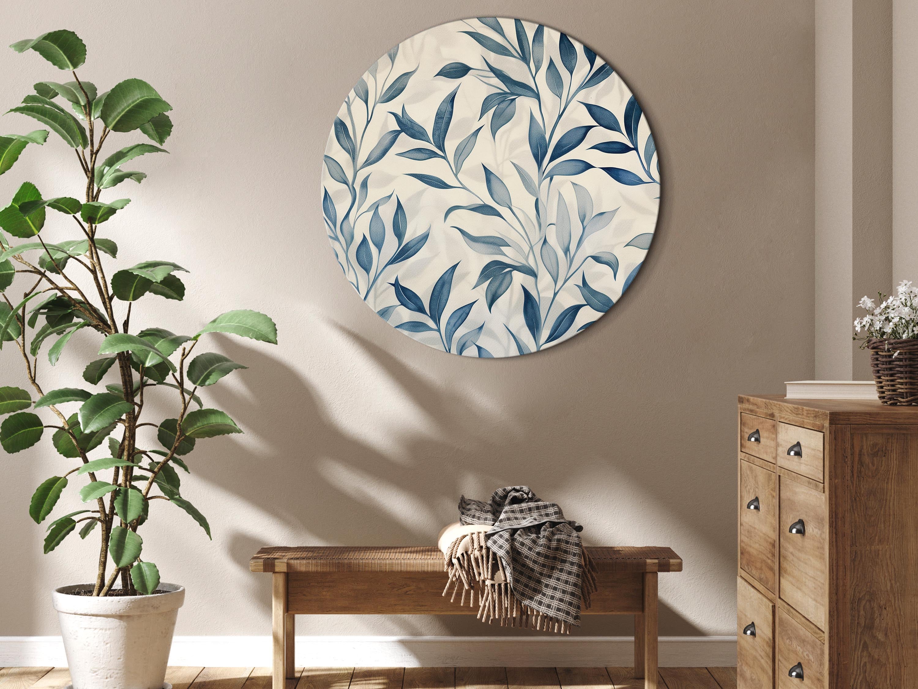 Round Canvas Print Leaves in Blue Colors Delicate Botanical Motif