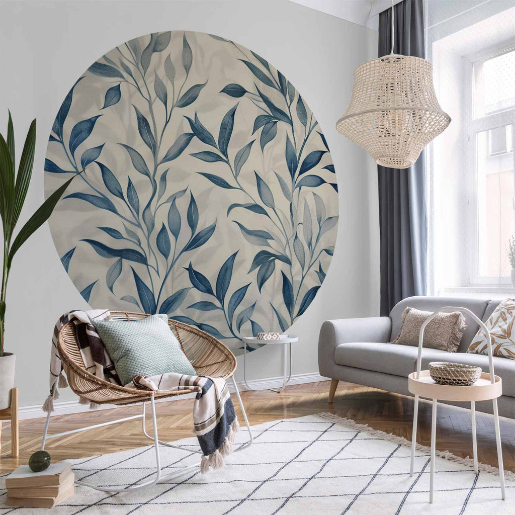Blue Botanical Leaves Delicate Round Wall Mural