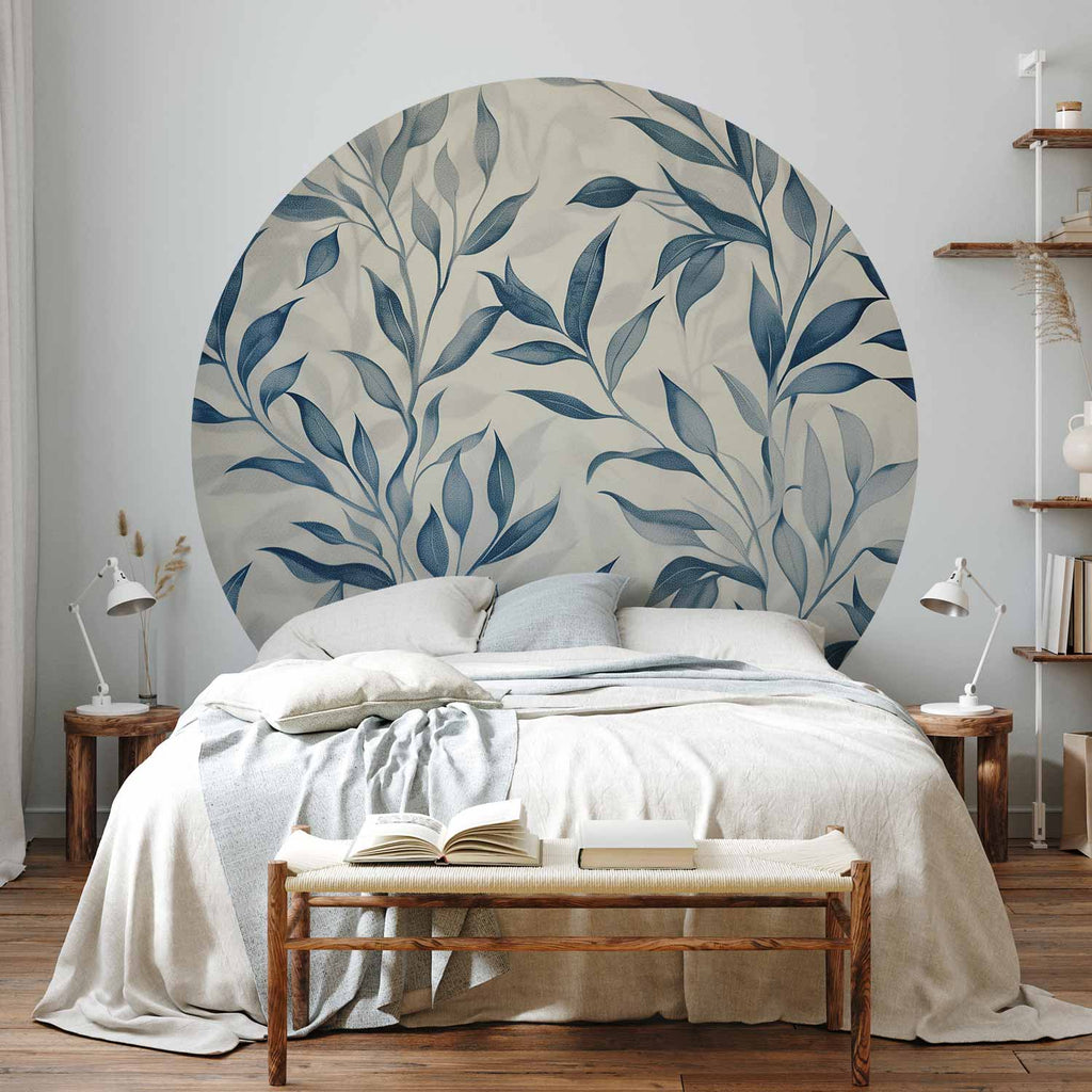 Blue Botanical Leaves Delicate Round Wall Mural