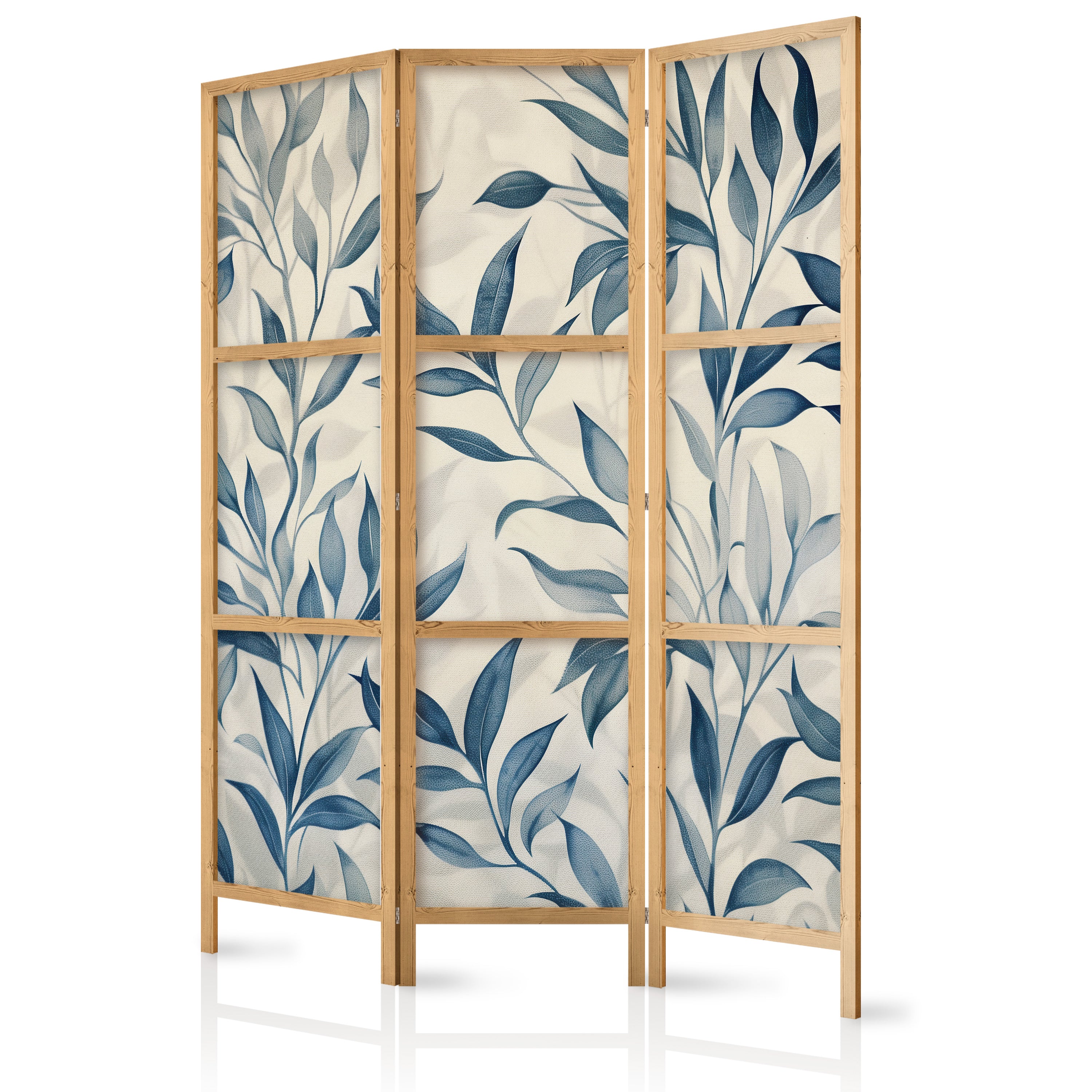 Japanese Room Divider with Blue Leaves - Delicate Botanical Motif