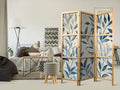 Blue Botanical Leaves 3-Panel Japanese Room Divider