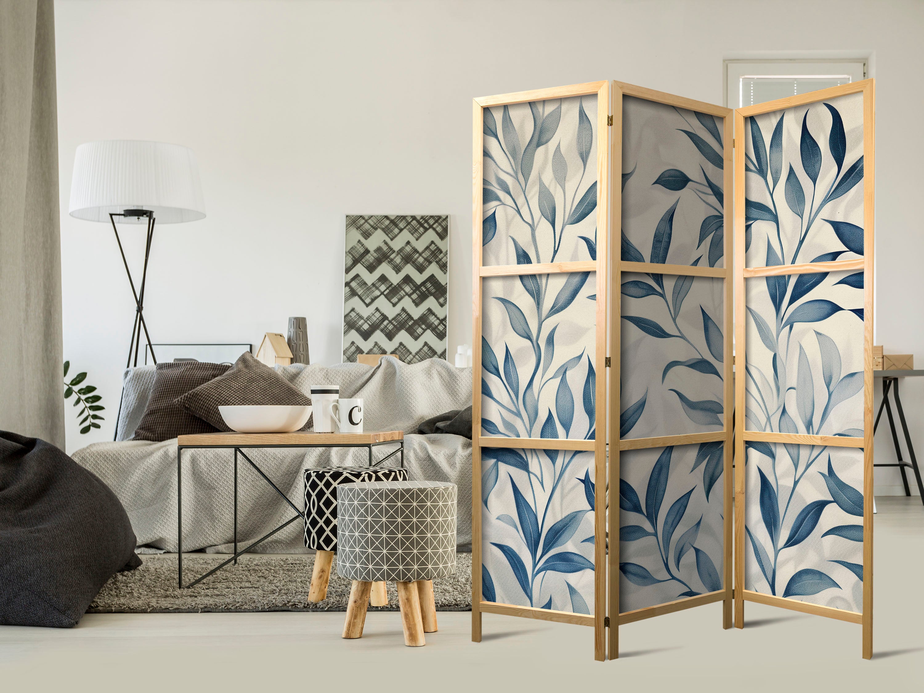 Japanese Room Divider with Blue Leaves - Delicate Botanical Motif