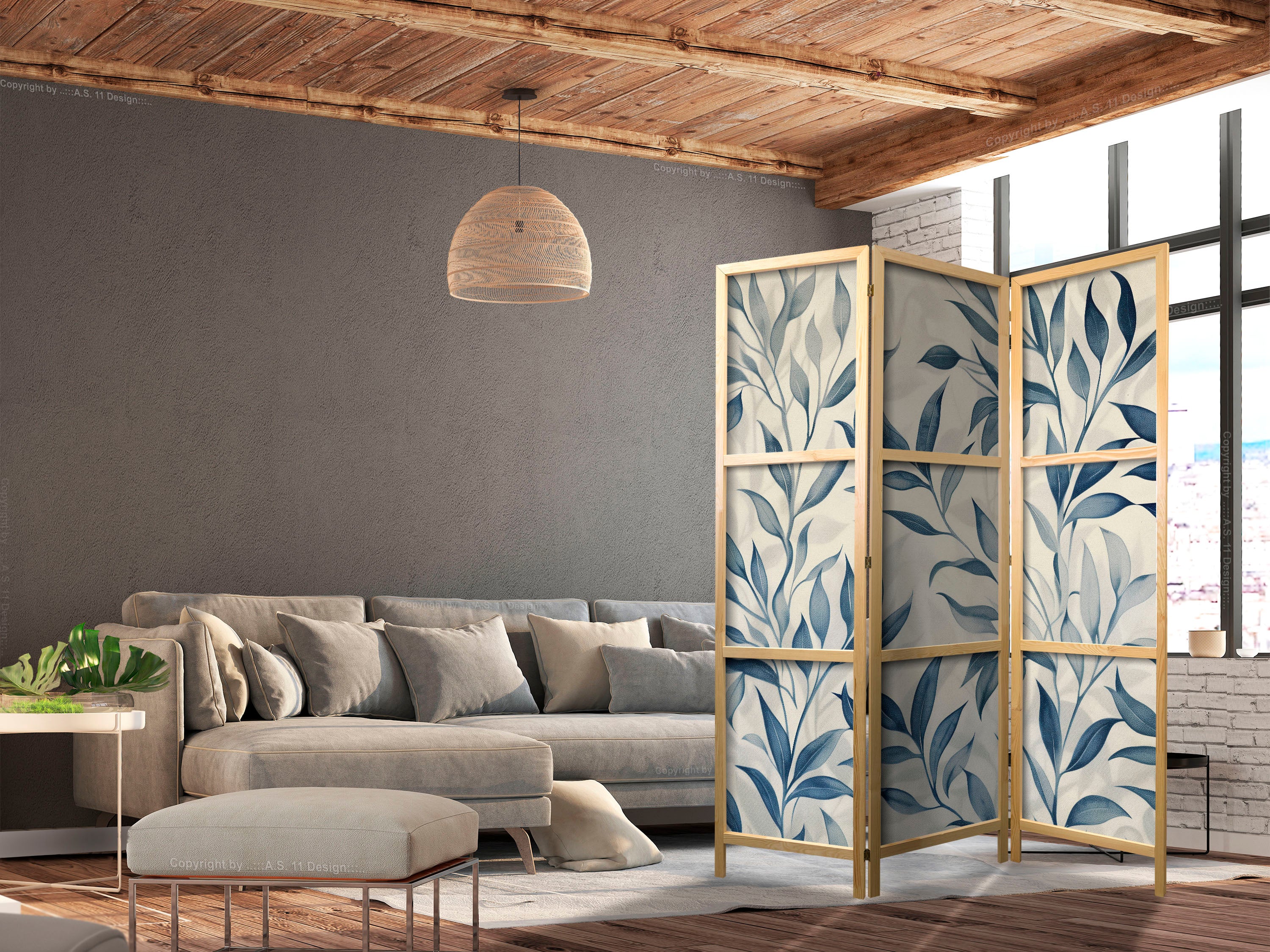 Japanese Room Divider with Blue Leaves - Delicate Botanical Motif