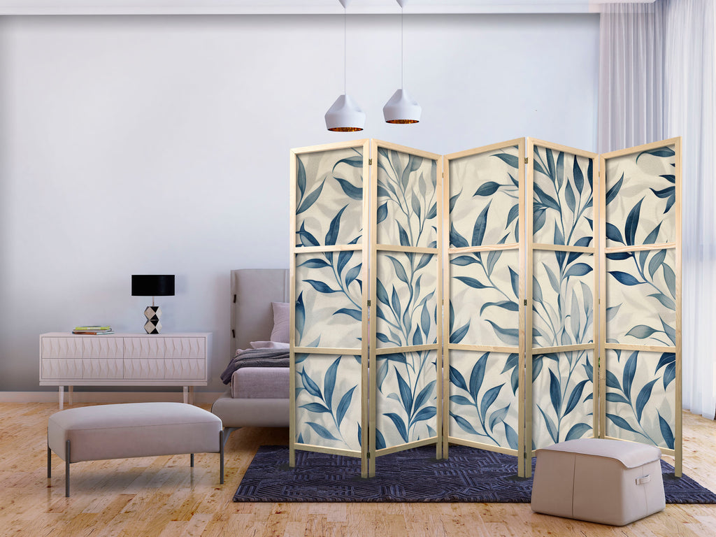 Blue Leaves Japanese Room Divider Botanical Motif