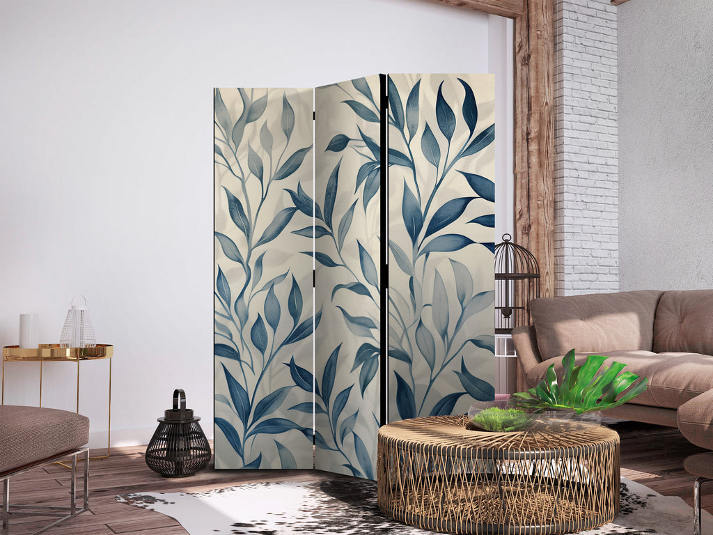 Room Divider with Leaves in Blue Colors - Delicate Botanical Motif