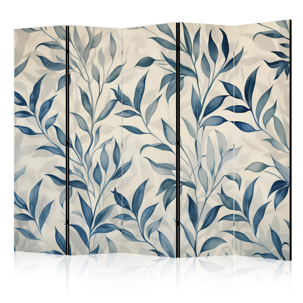 Room Divider Leaves in Blue Colors - Delicate Botanical Motif