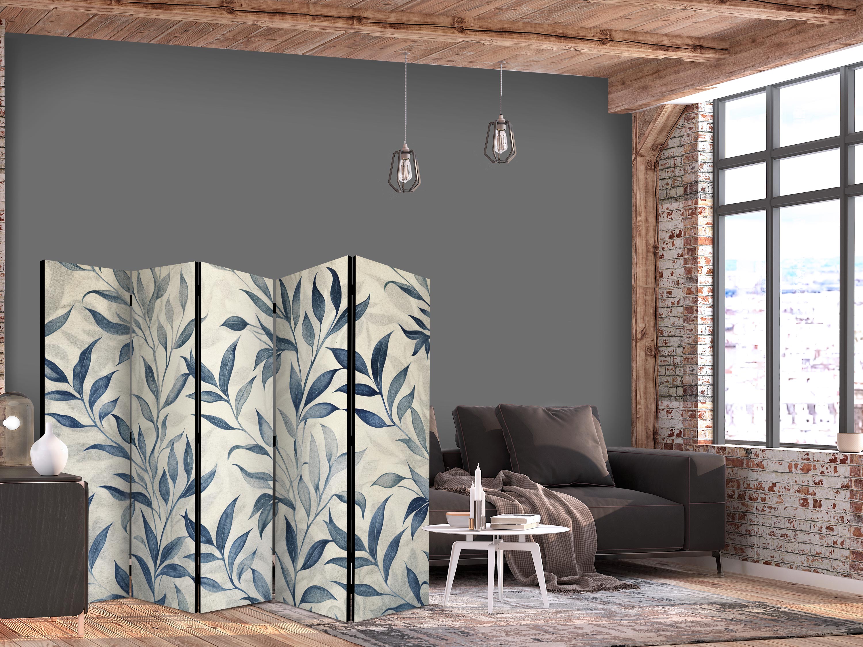 Room Divider Leaves in Blue Colors - Delicate Botanical Motif