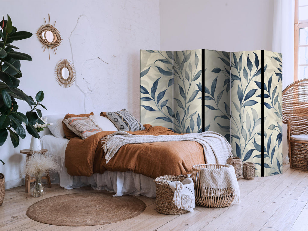Room Divider Leaves in Blue Colors - Delicate Botanical Motif