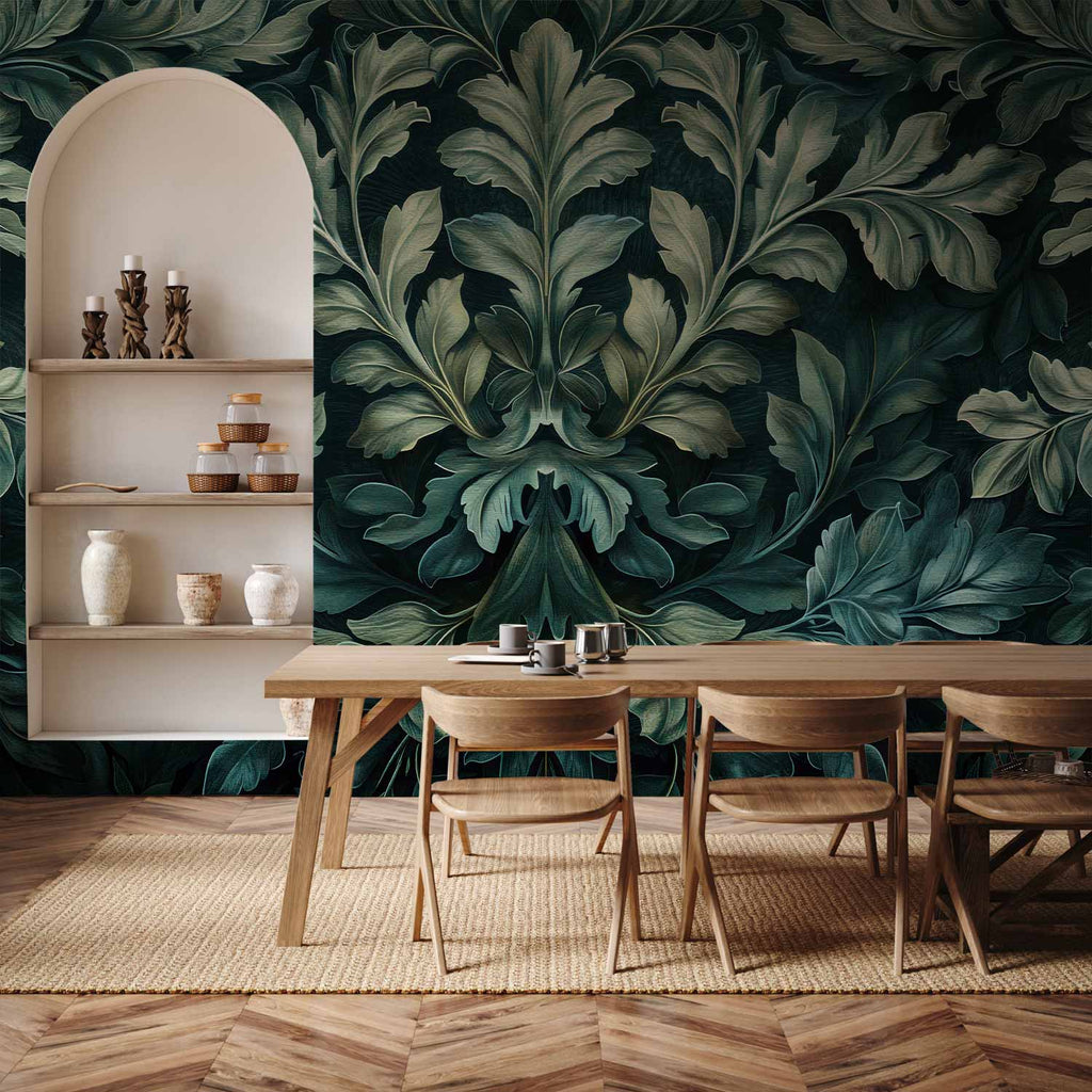 Dark Green Victorian Leaves Botanical Wall Mural