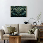 Leinwanddruck mit dunkelgrünen viktorianischen Blättern: Botanische Schnitzkomposition