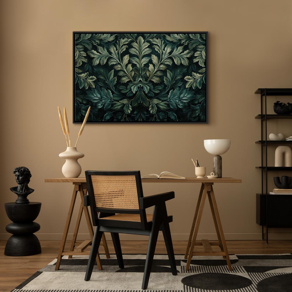 Leinwanddruck mit dunkelgrünen viktorianischen Blättern: Botanische Schnitzkomposition