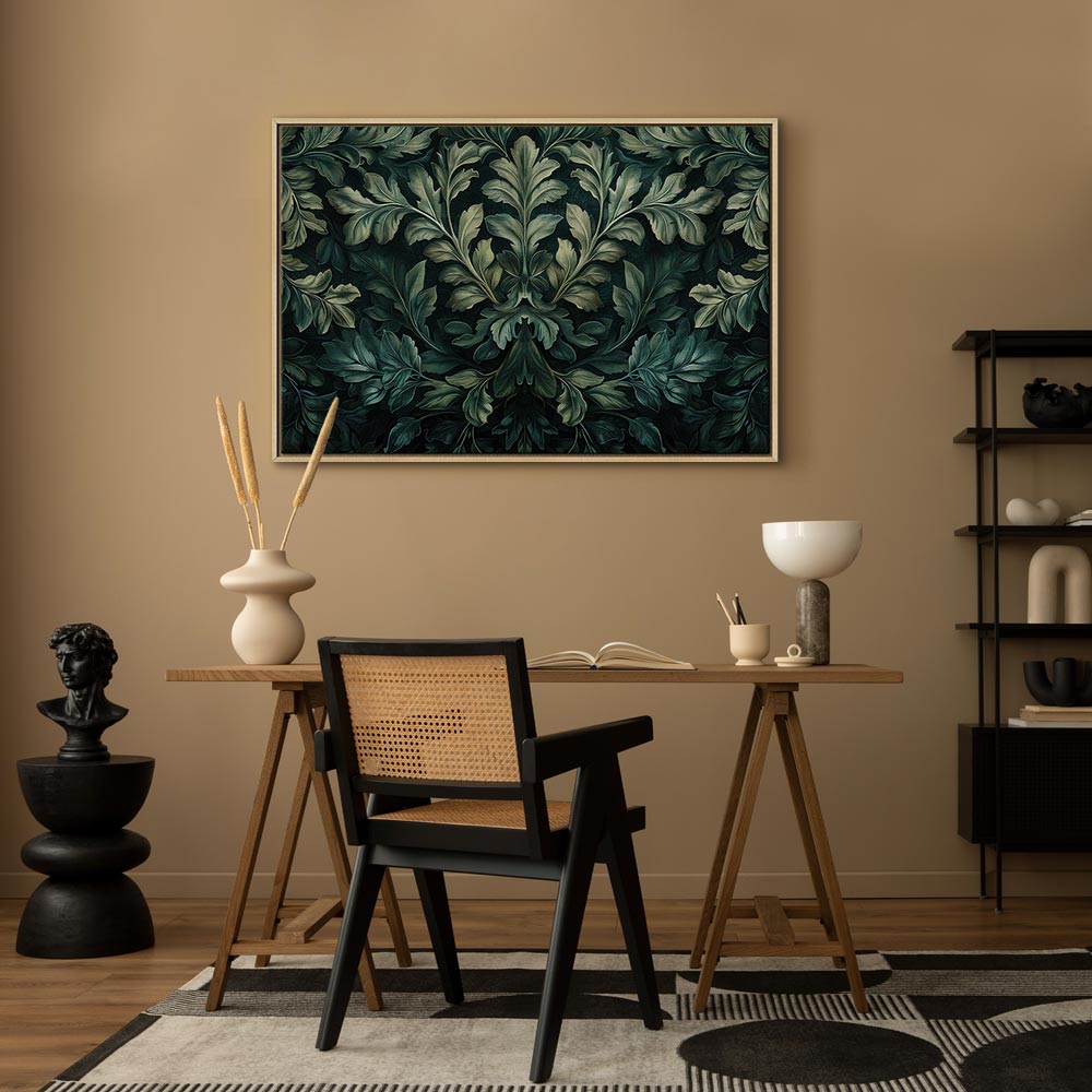 Leinwanddruck mit dunkelgrünen viktorianischen Blättern: Botanische Schnitzkomposition