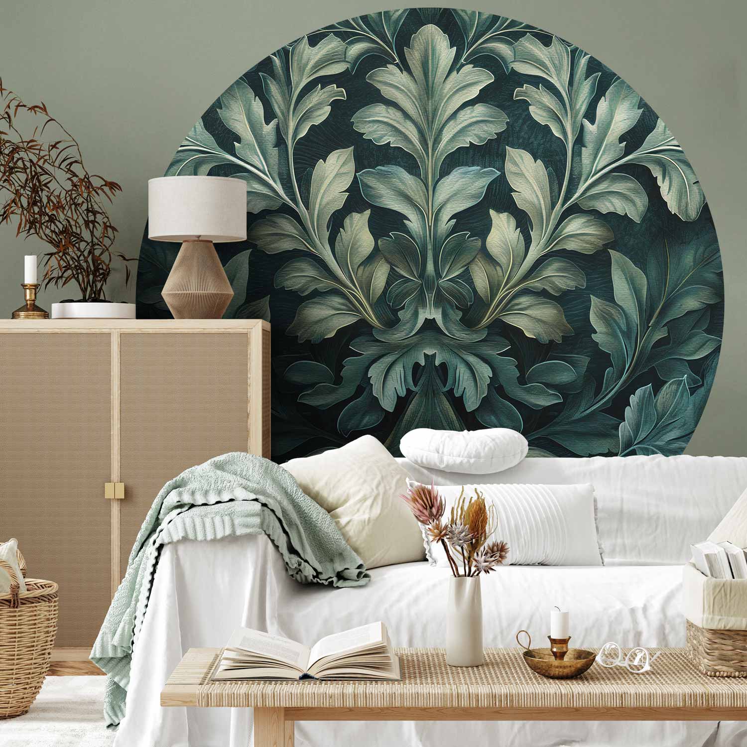 Victorian Leaf Pattern Dark Green Round Wall Mural