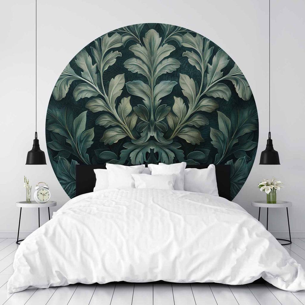 Victorian Leaf Pattern Dark Green Round Wall Mural