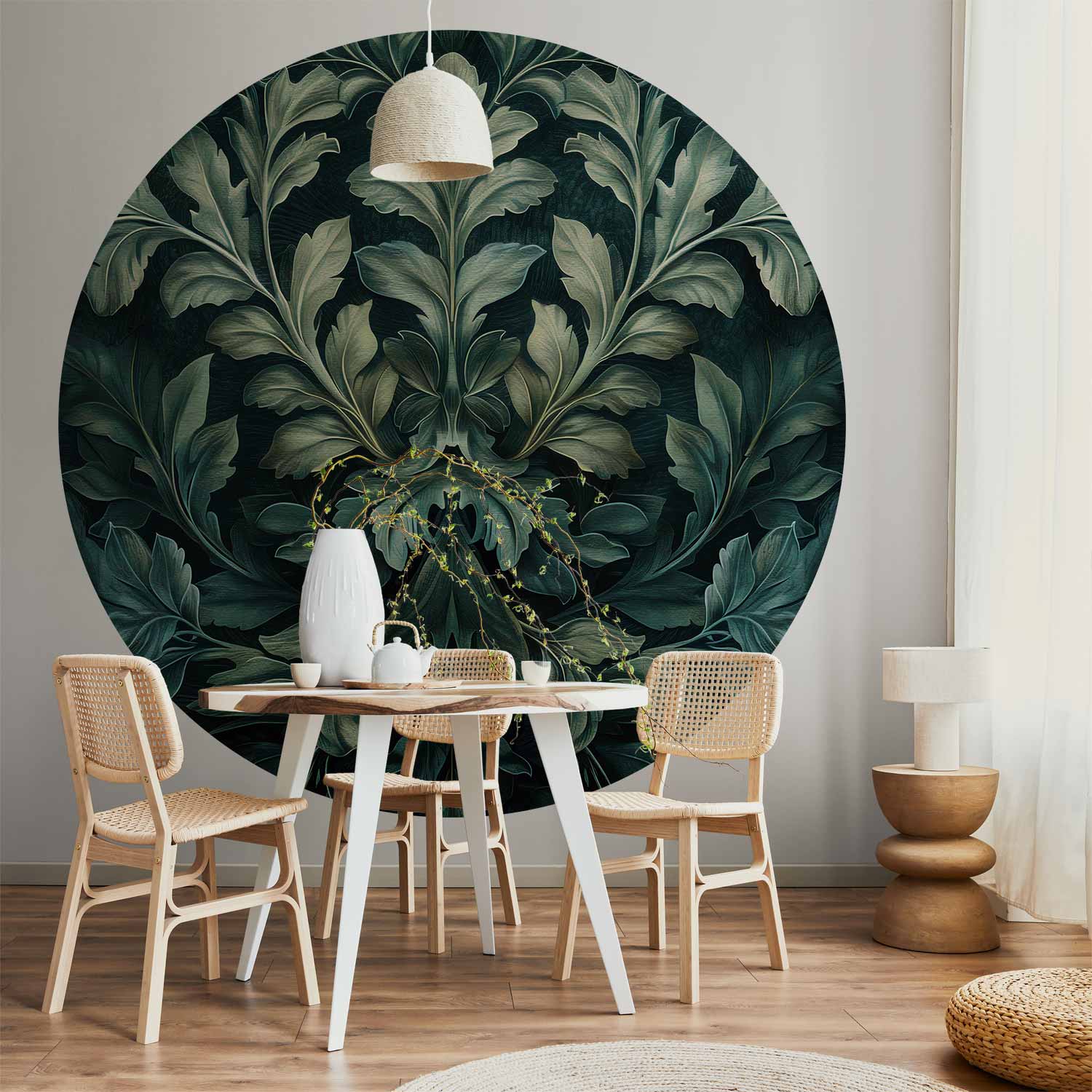 Victorian Leaf Pattern Dark Green Round Wall Mural