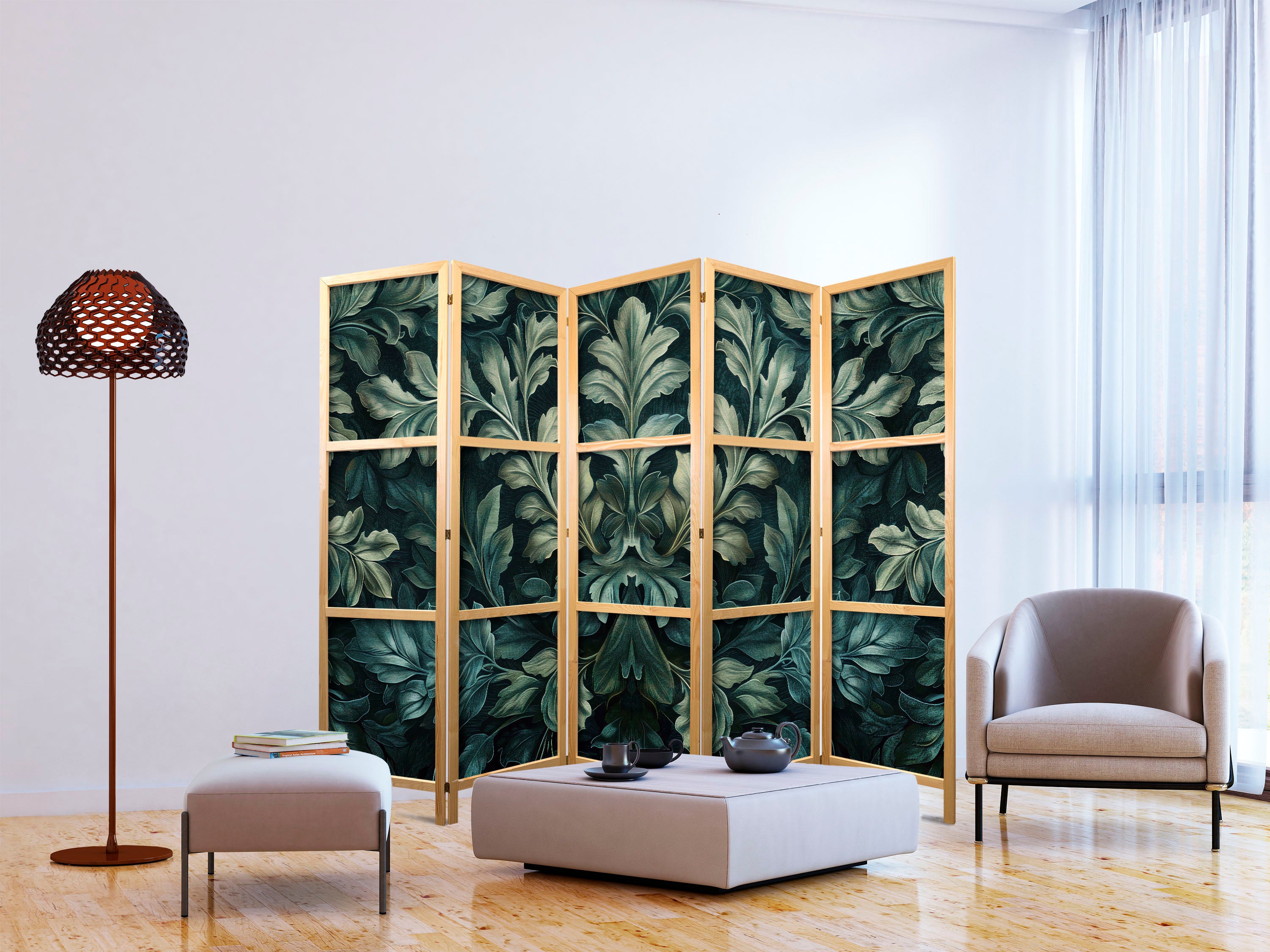 Japanese Room Divider - Dark Green Victorian Leaves - Botanical Carved Composition
