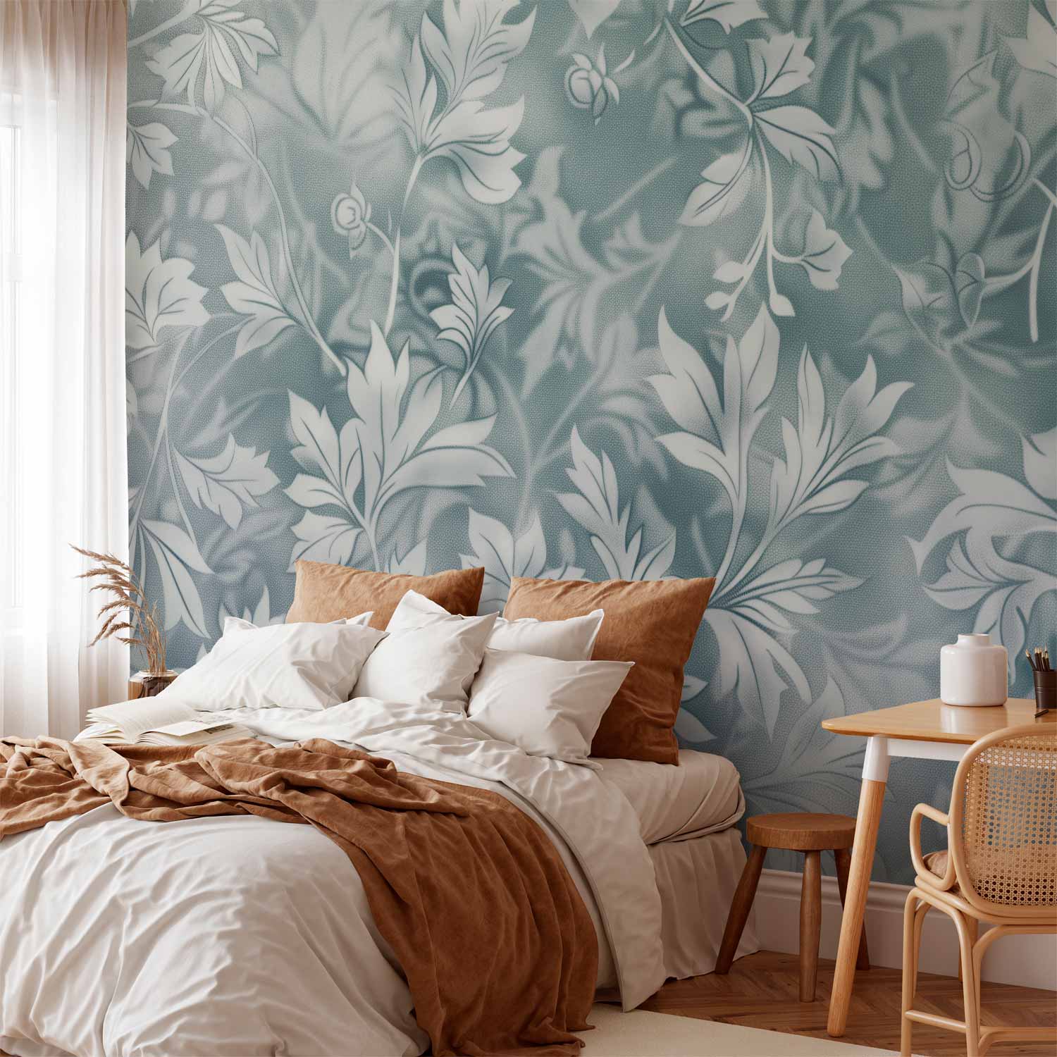 Muted Turquoise Baroque Plant Pattern Wall Mural