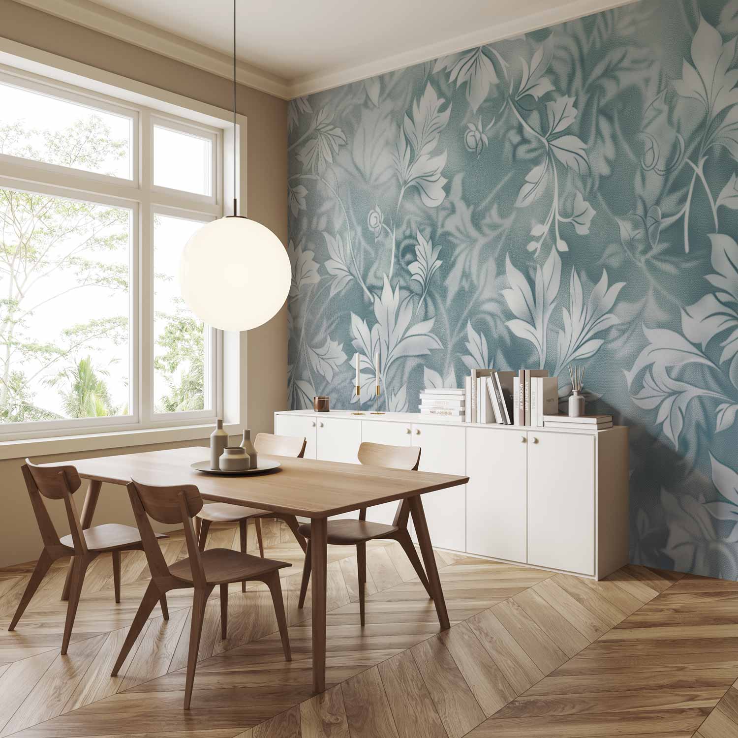 Muted Turquoise Baroque Plant Pattern Wall Mural