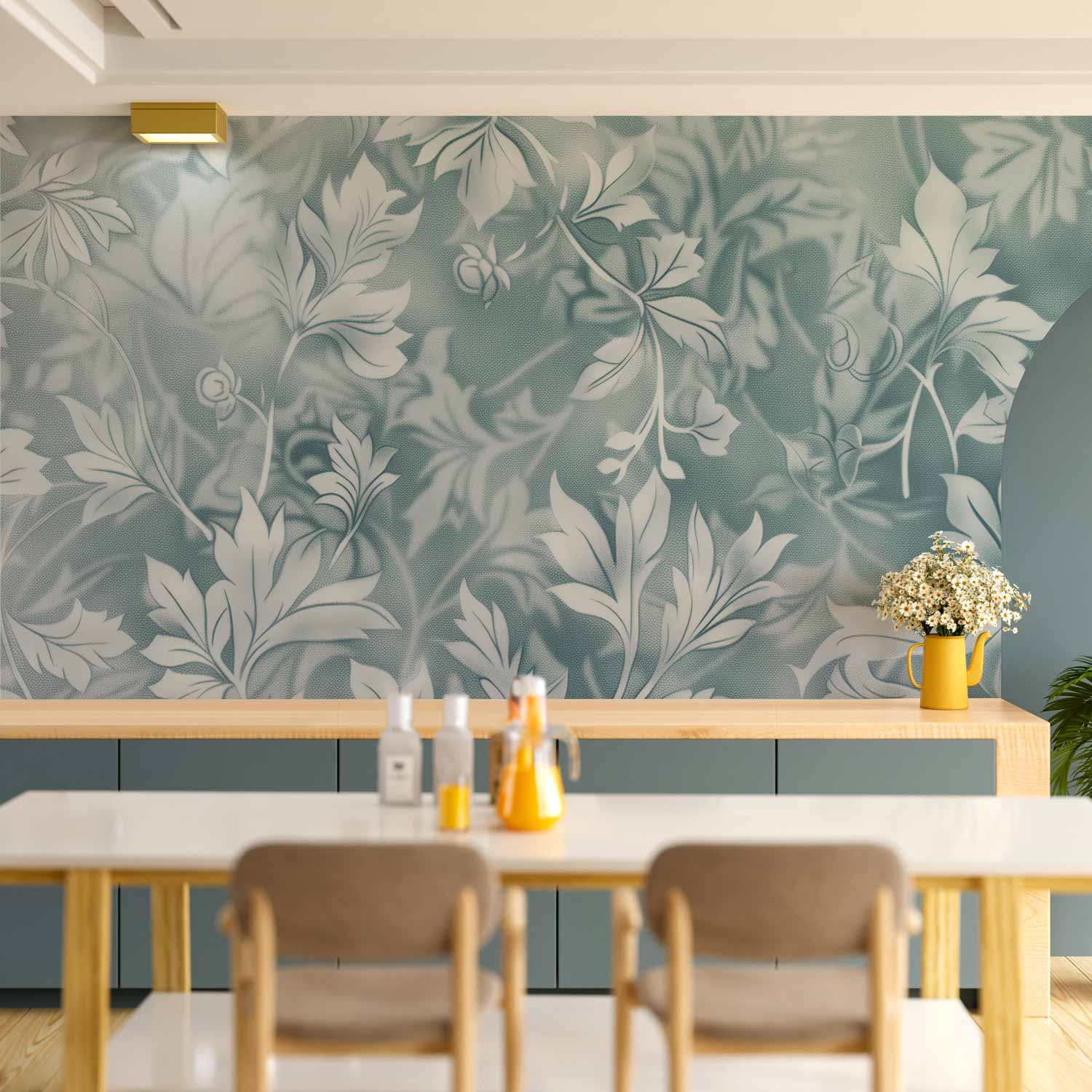 Wall Mural Ornaments with Delicate Plant Pattern in Muted Turquoise