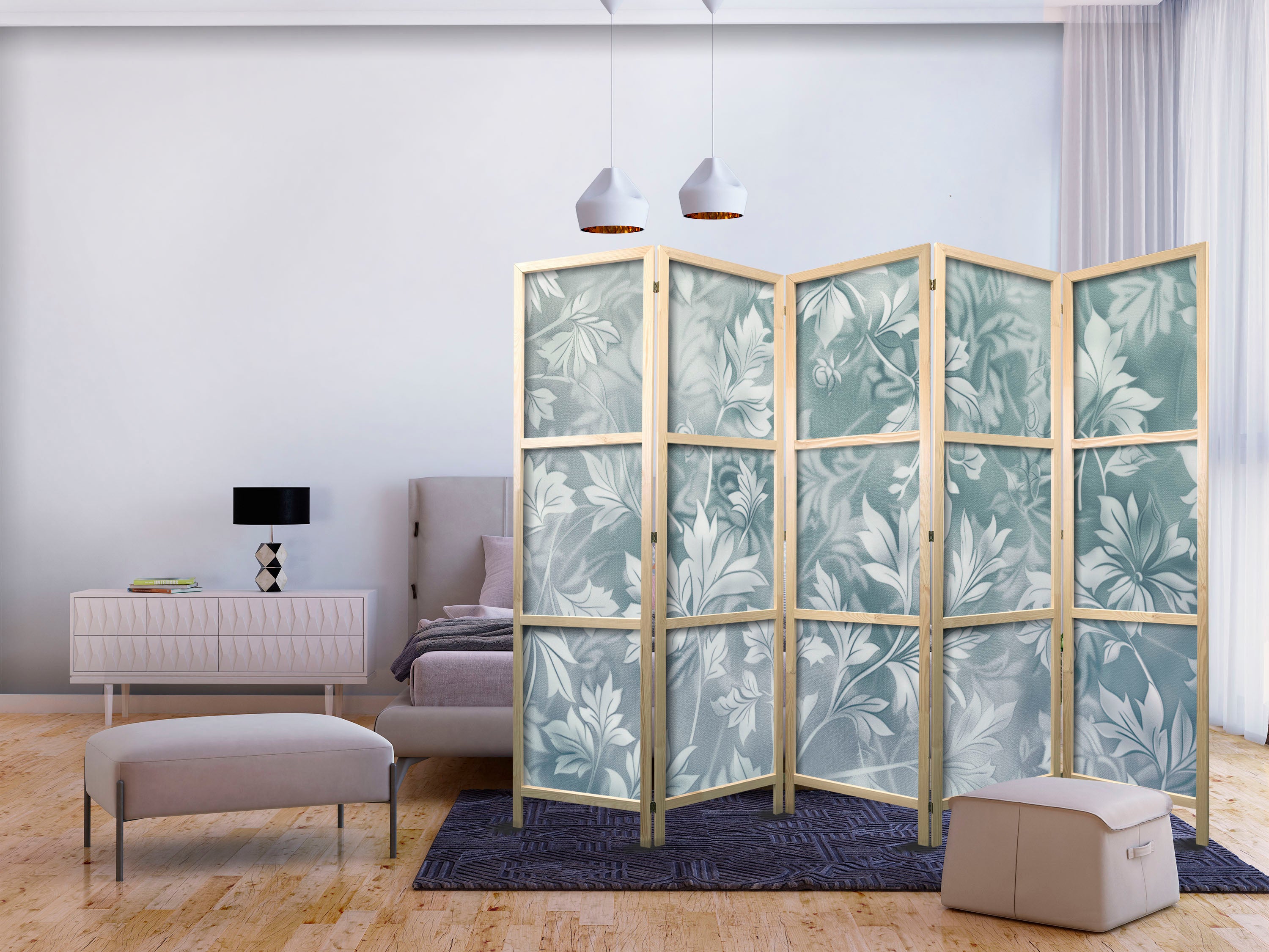 Japanese Room Divider - Muted Turquoise Floral Pattern