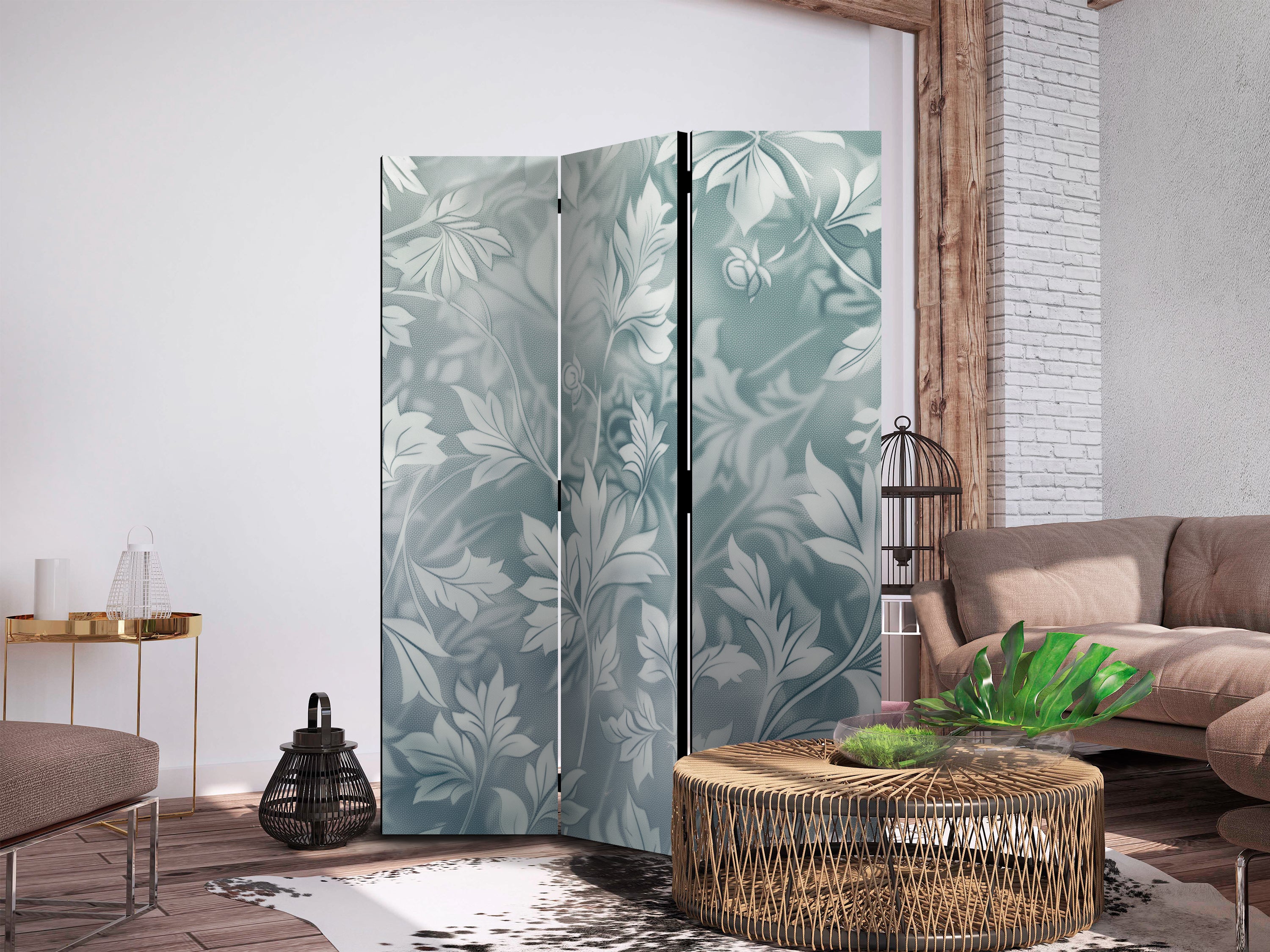 Room Divider 3-Panel with Rubbed Turquoise Floral Pattern