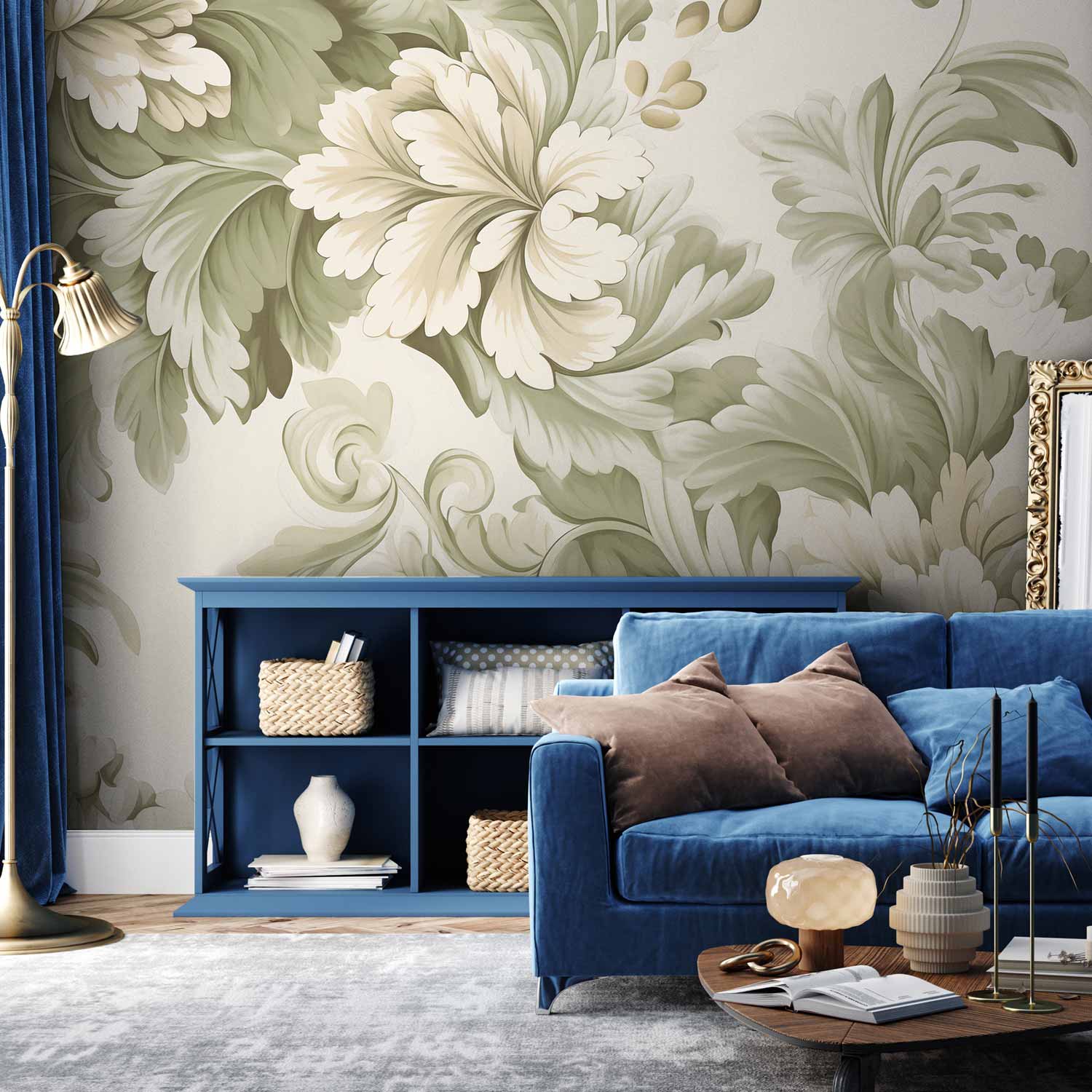 Wall Mural - Retro Vintage Flowers in Cream and Green