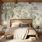 Retro Vintage Floral Wall Mural in Cream and Green