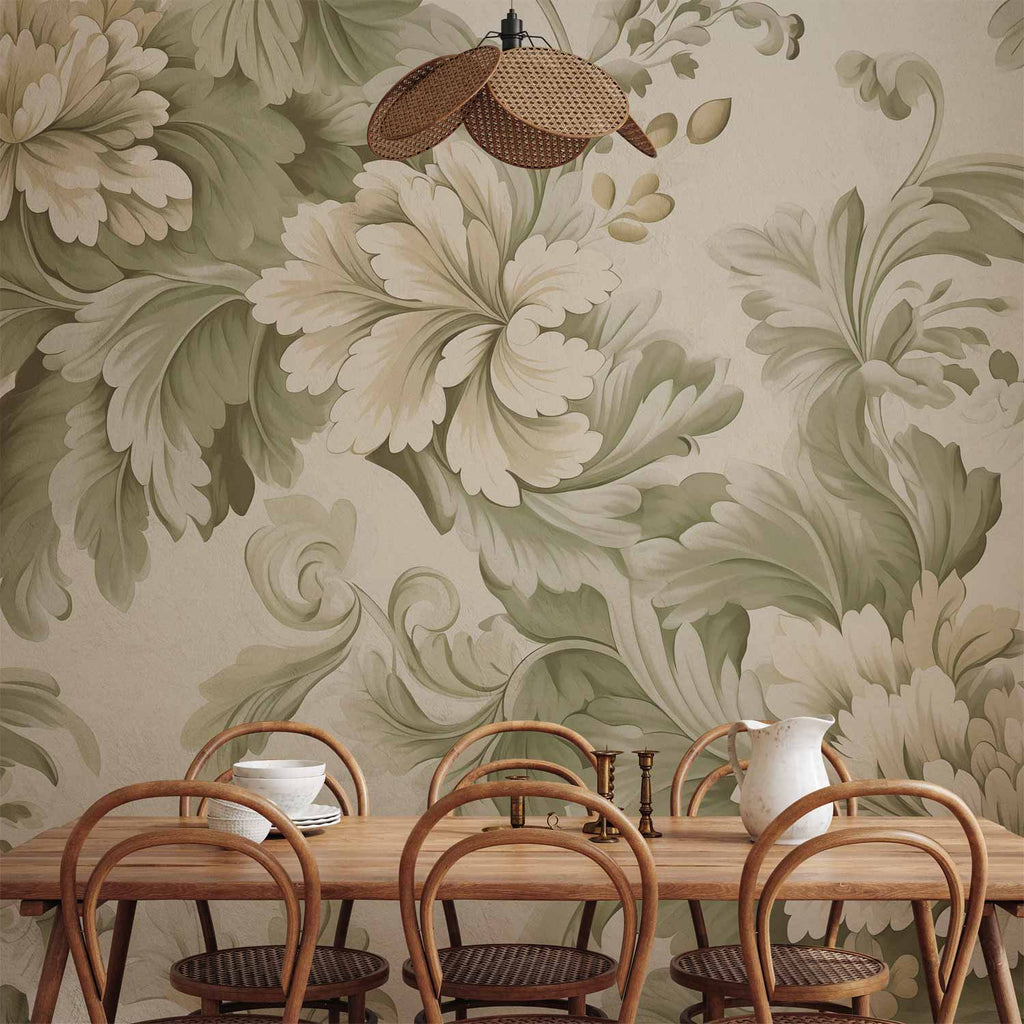 Retro Vintage Floral Wall Mural in Cream and Green