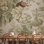 Retro Vintage Floral Wall Mural in Cream and Green