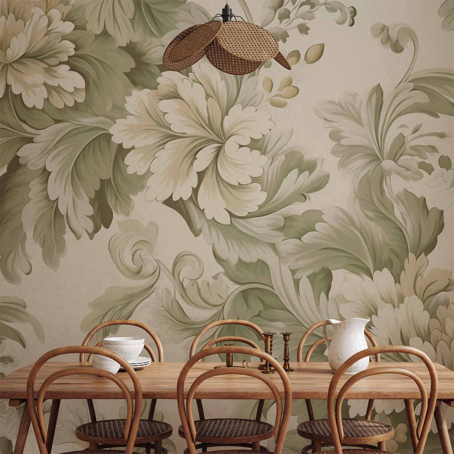 Retro Vintage Floral Wall Mural in Cream and Green