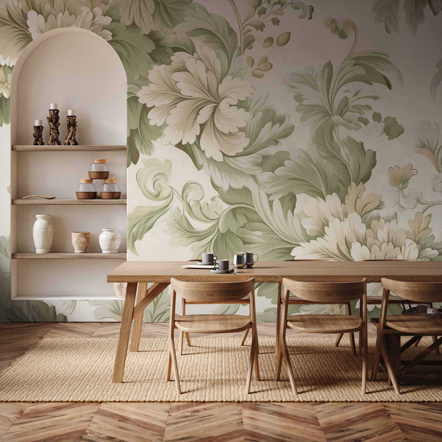 Wall Mural - Retro Vintage Flowers in Cream and Green