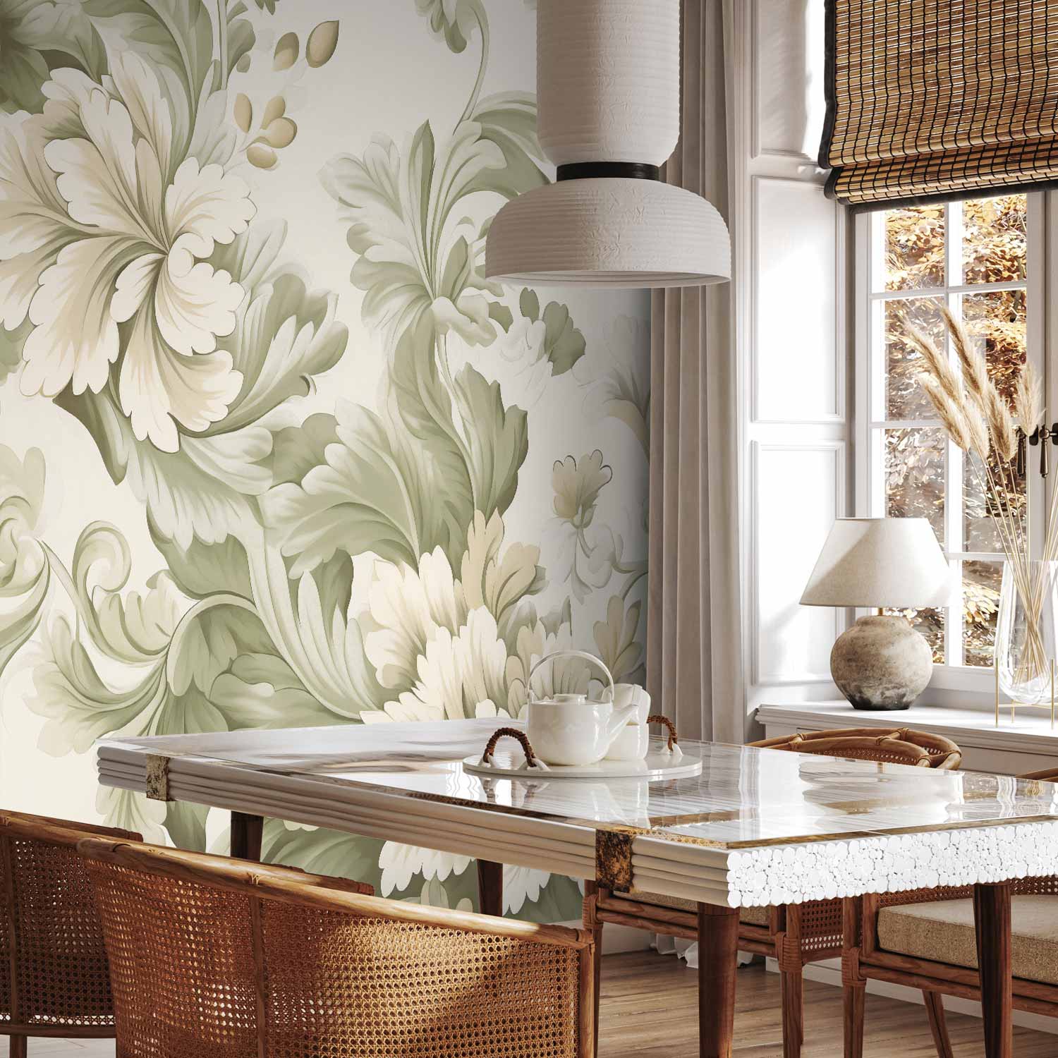 Retro Vintage Floral Wall Mural in Cream and Green