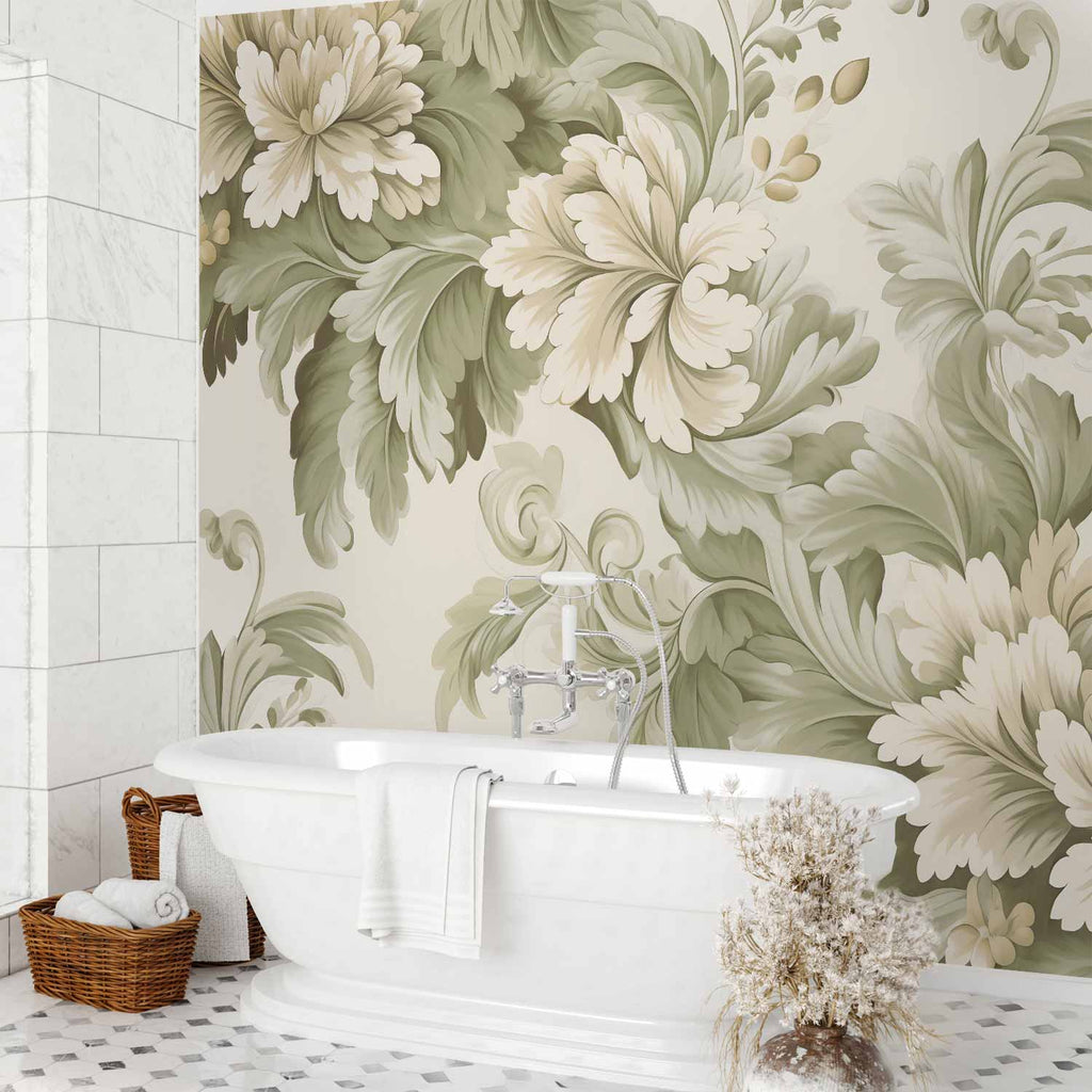 Retro Vintage Floral Wall Mural in Cream and Green