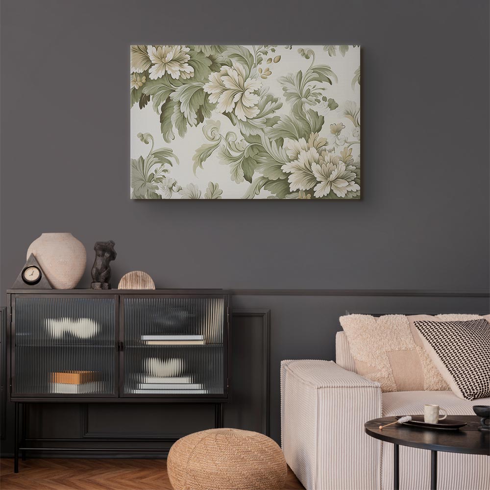 Canvas Print: Retro Vintage Flowers in Cream and Green