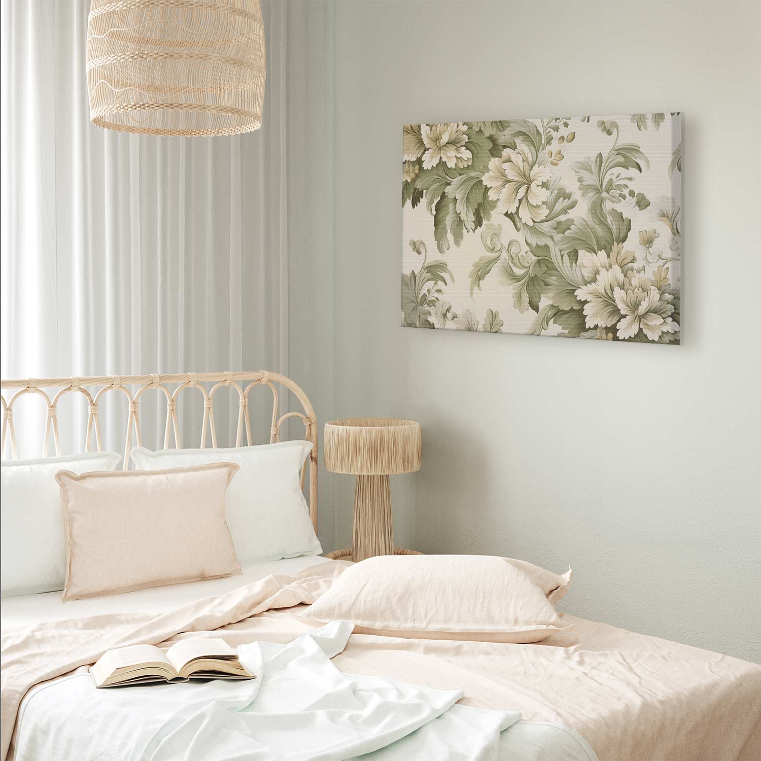 Retro Vintage Cream and Green Floral Canvas Print