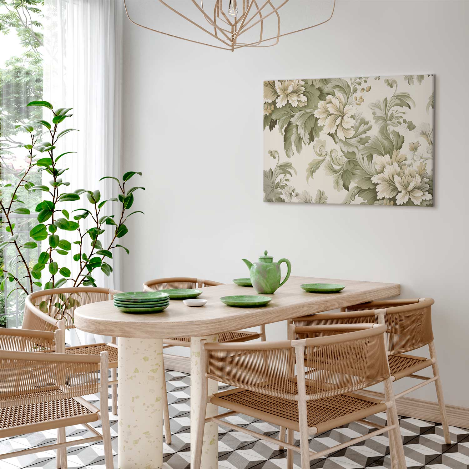 Retro Vintage Cream and Green Floral Canvas Print