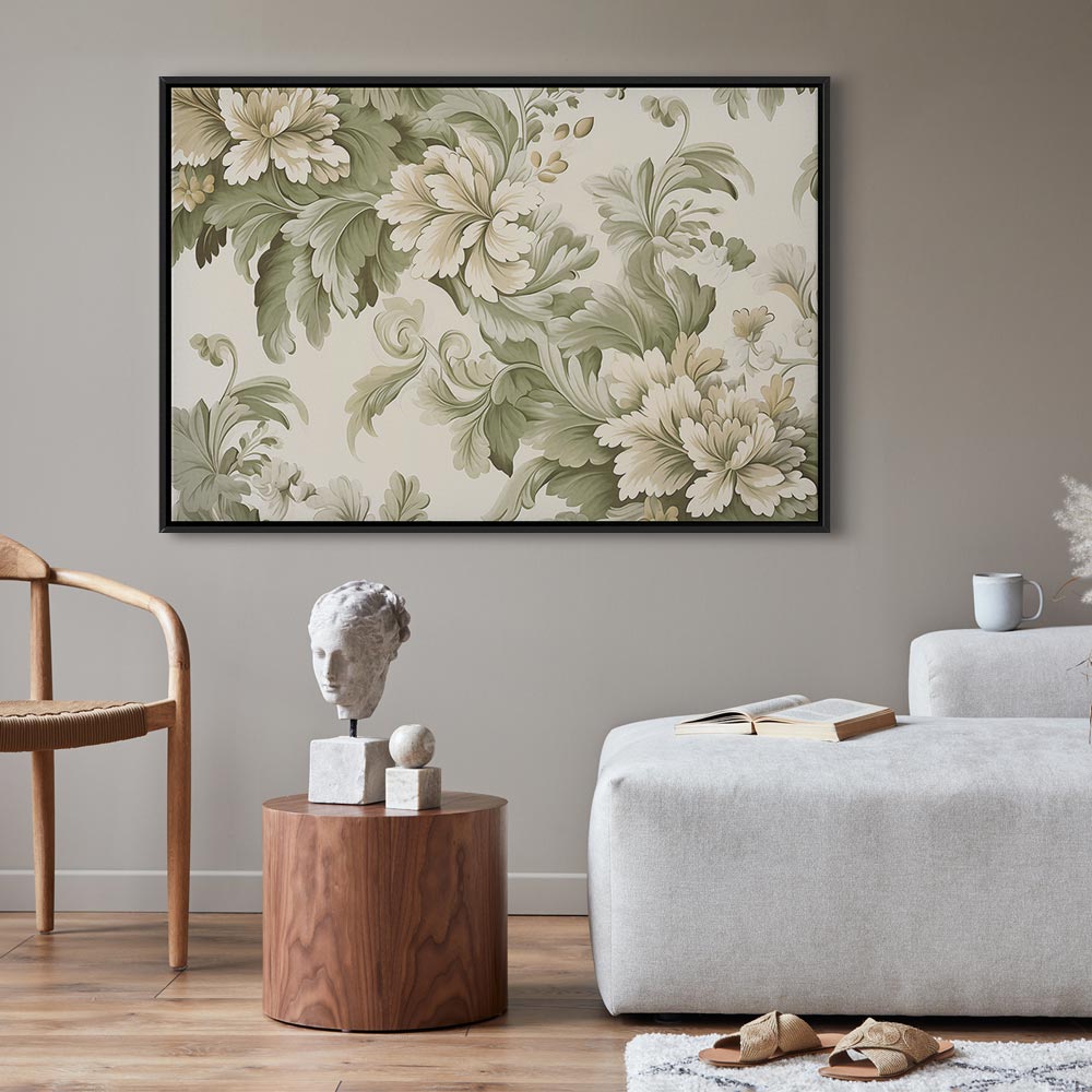 Canvas Print: Retro Vintage Flowers in Cream and Green