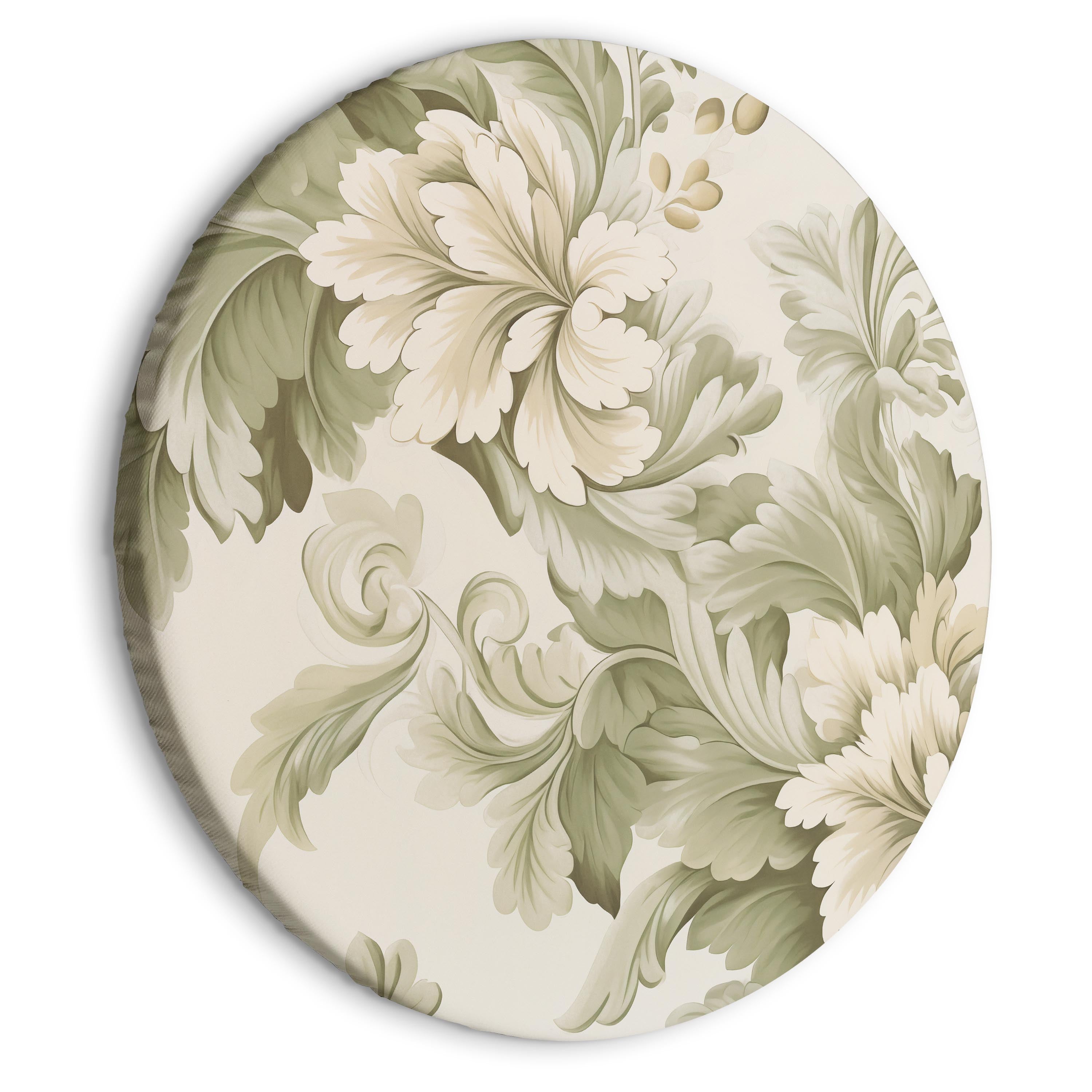 Round Canvas Print - Vintage Floral Round Artwork in Cream and Green