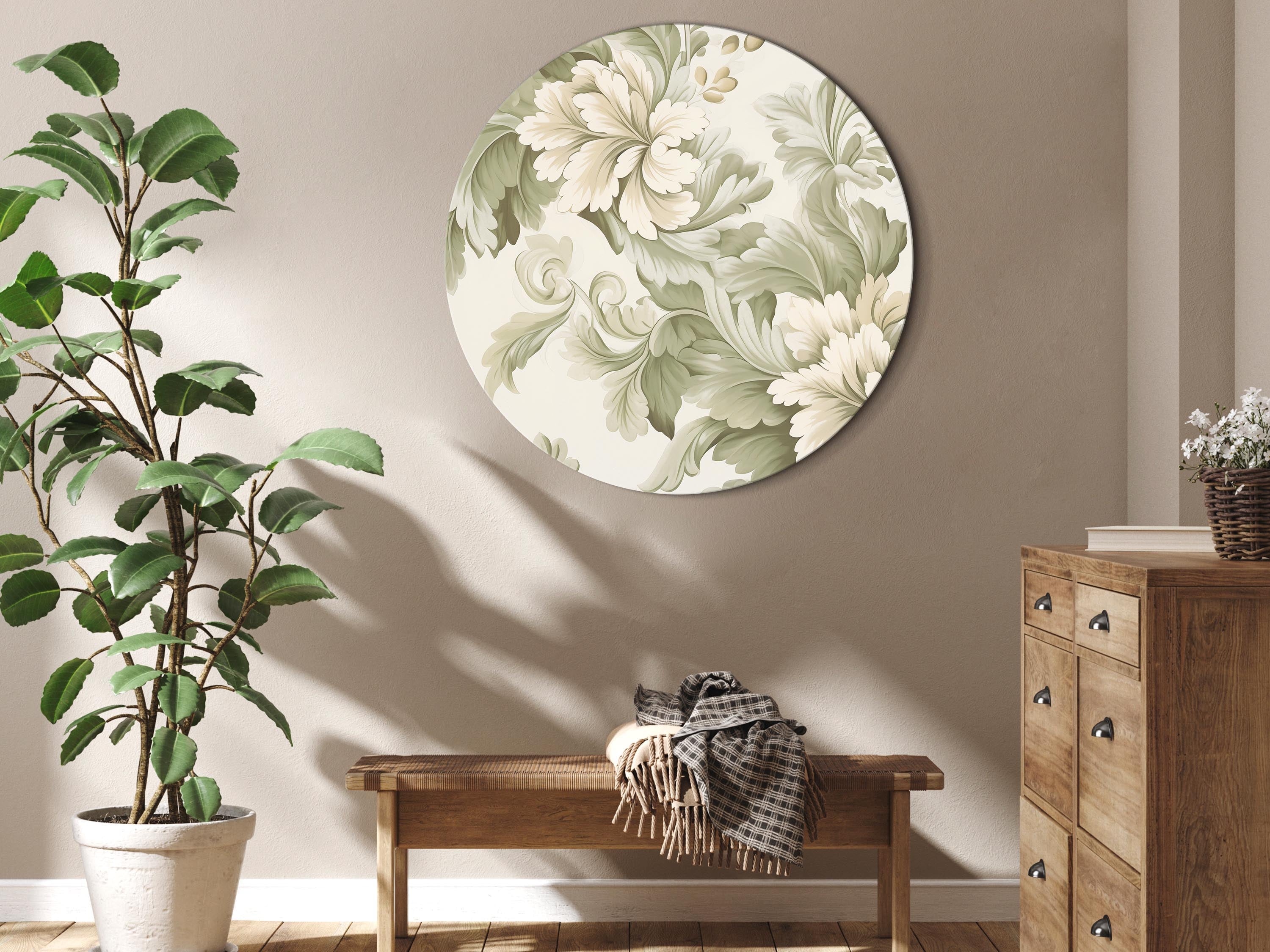 Round Canvas Print - Vintage Floral Round Artwork in Cream and Green