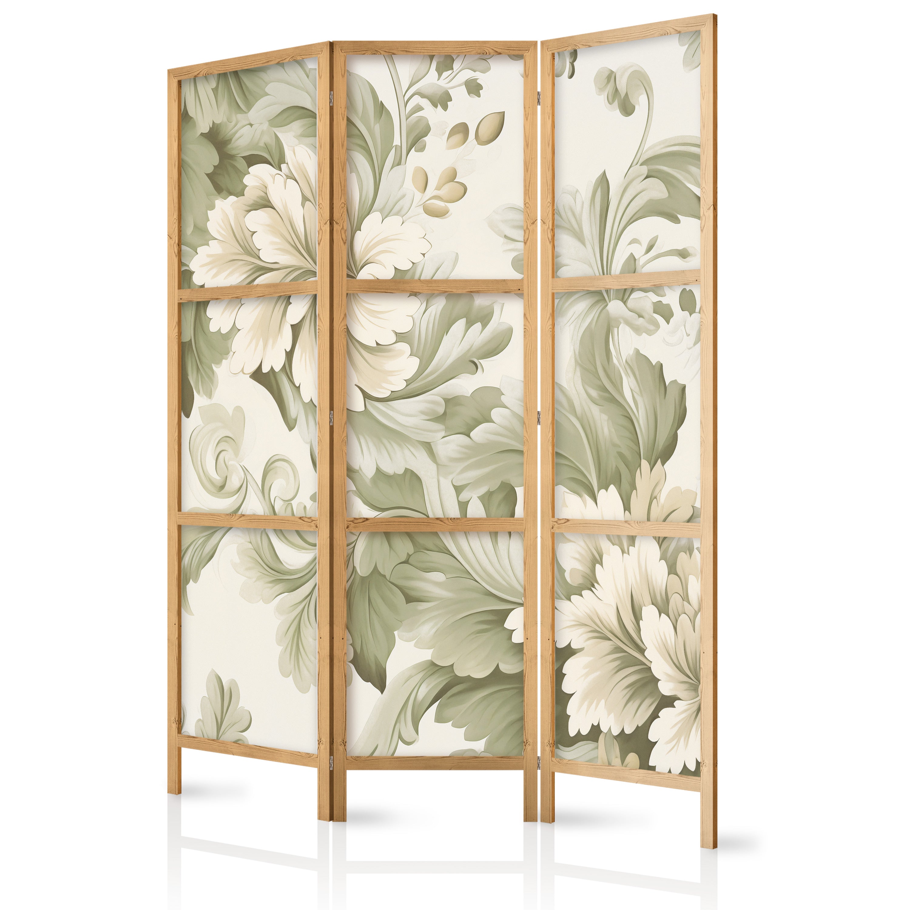 3-Panel Japanese Room Divider with Floral Vintage Cream and Green