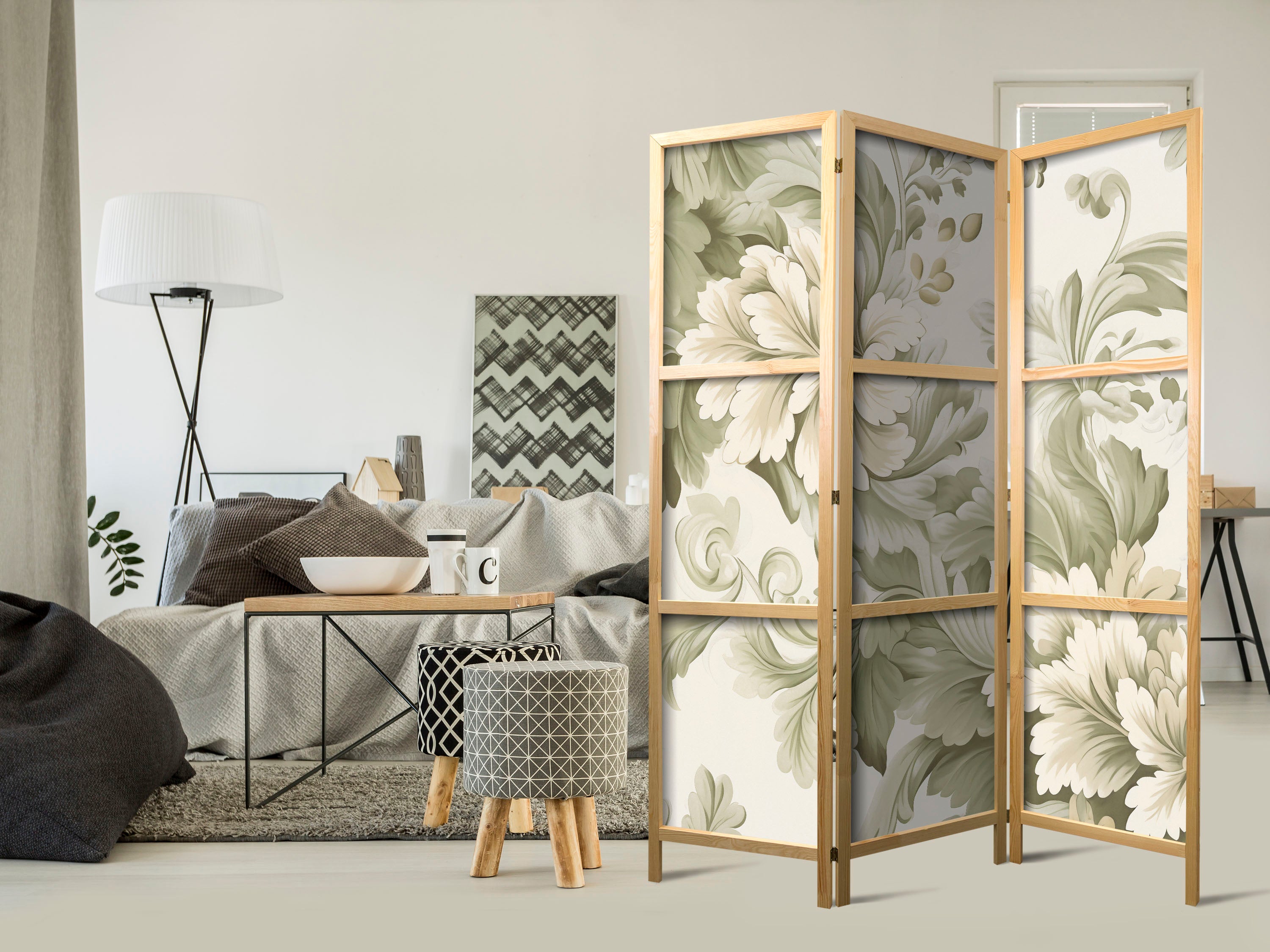 3-Panel Japanese Room Divider with Floral Vintage Cream and Green